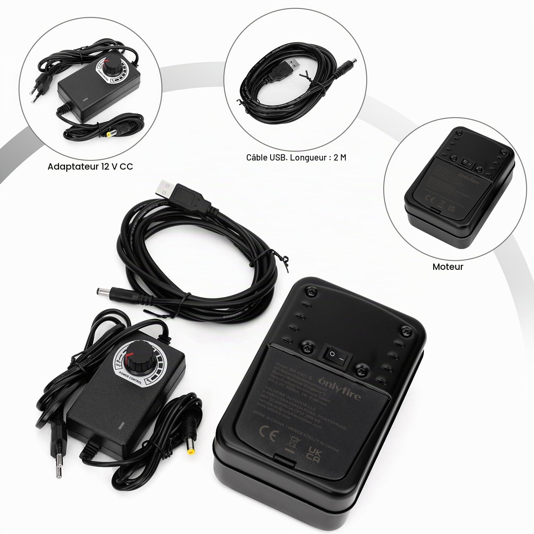 onlyfire Moteur Tournebroche Électrique 3 en 1 pour Barbecue - Alimentation Secteur, Piles D ou Câble USB – Vitesse Réglable 1,5 à 7 RPM – Compatible avec Rotissoire, Méchoui et Broche à Viande
