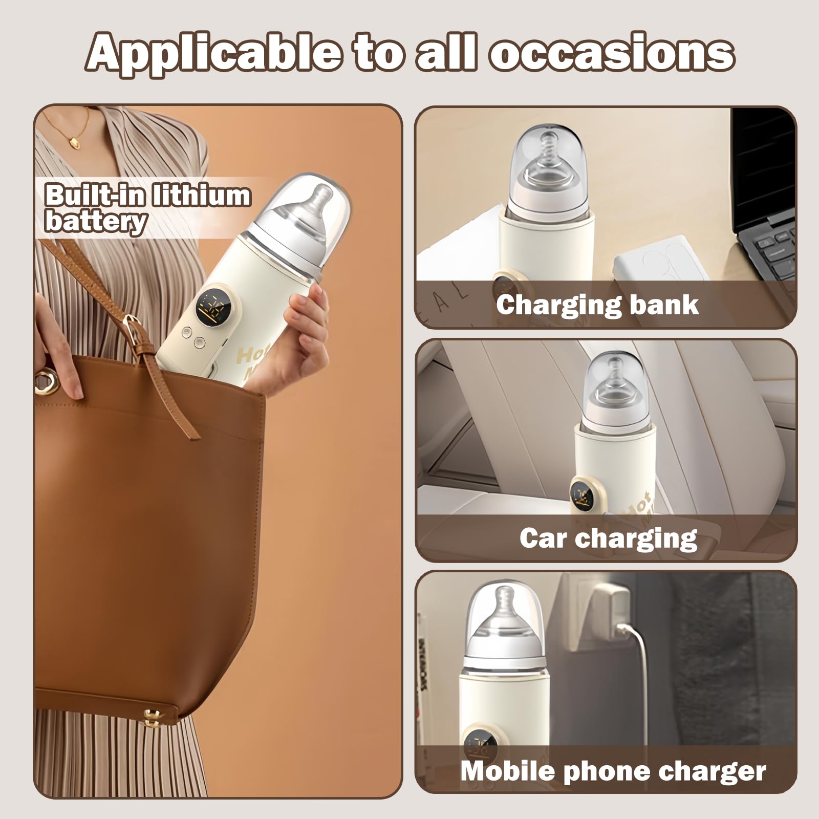 Flaschenwärmer Baby, Tragbarer Flaschenwärmer, Unterwegs mit LCD-Display USB-Ladung Babyflaschenwärmer 6 Einstellbare Temperatur 38-50℃ Muttermilchwärmer Tasche für Unterwegs und Zuhause (Beige)