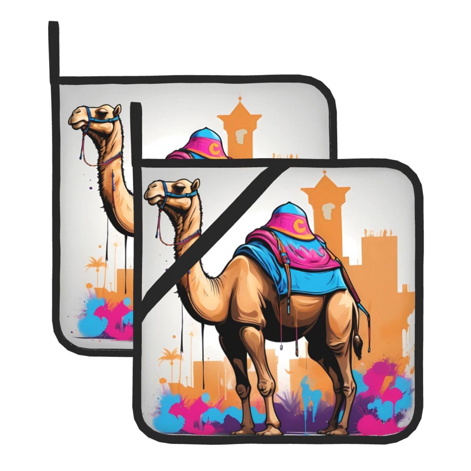 HJFCZH Graffiti Camel Printed Square Insulated Pot Mat Set (2-Piece) 8x8in Waterproof, Thickened & Easy to Clean with Lanyard Design for Kitchen, Oven & BBQ