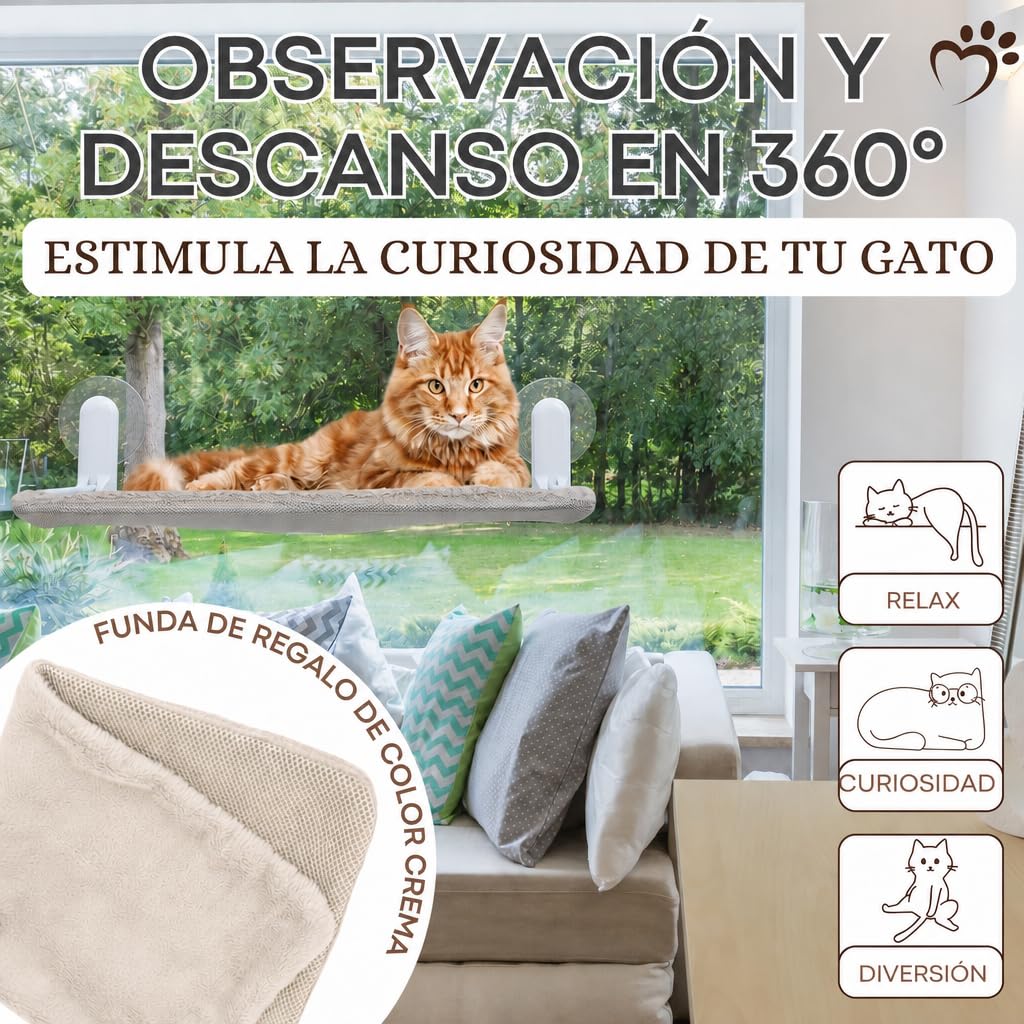 FR3® Hamaca para Gatos Ventana con Seguridad Reforzada | Cama Colgante con 6 Ventosas de Alta Resistencia y Barras Anti-Deslizamiento | Incluye 2 Fundas Reversibles Invierno/Verano y Juguete