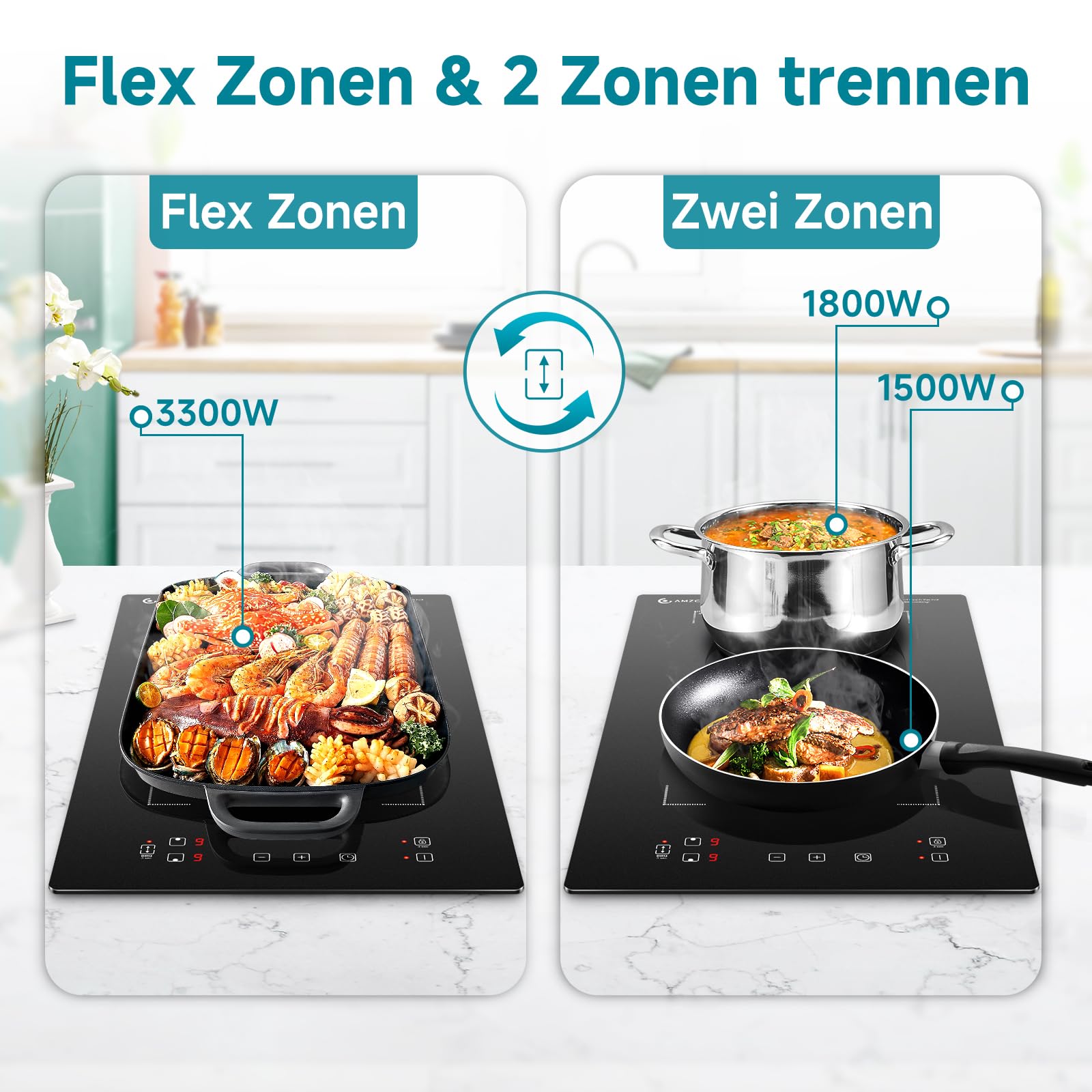 AMZCHEF Induktionskochfeld 2 Platten, Doppel Induktionskochplatte mit Flexzonen und Stecker, 10 Leistungsstufen, Sicherheitsschloss und Timer, Touch-Schieberegler,3300W,Schwarz