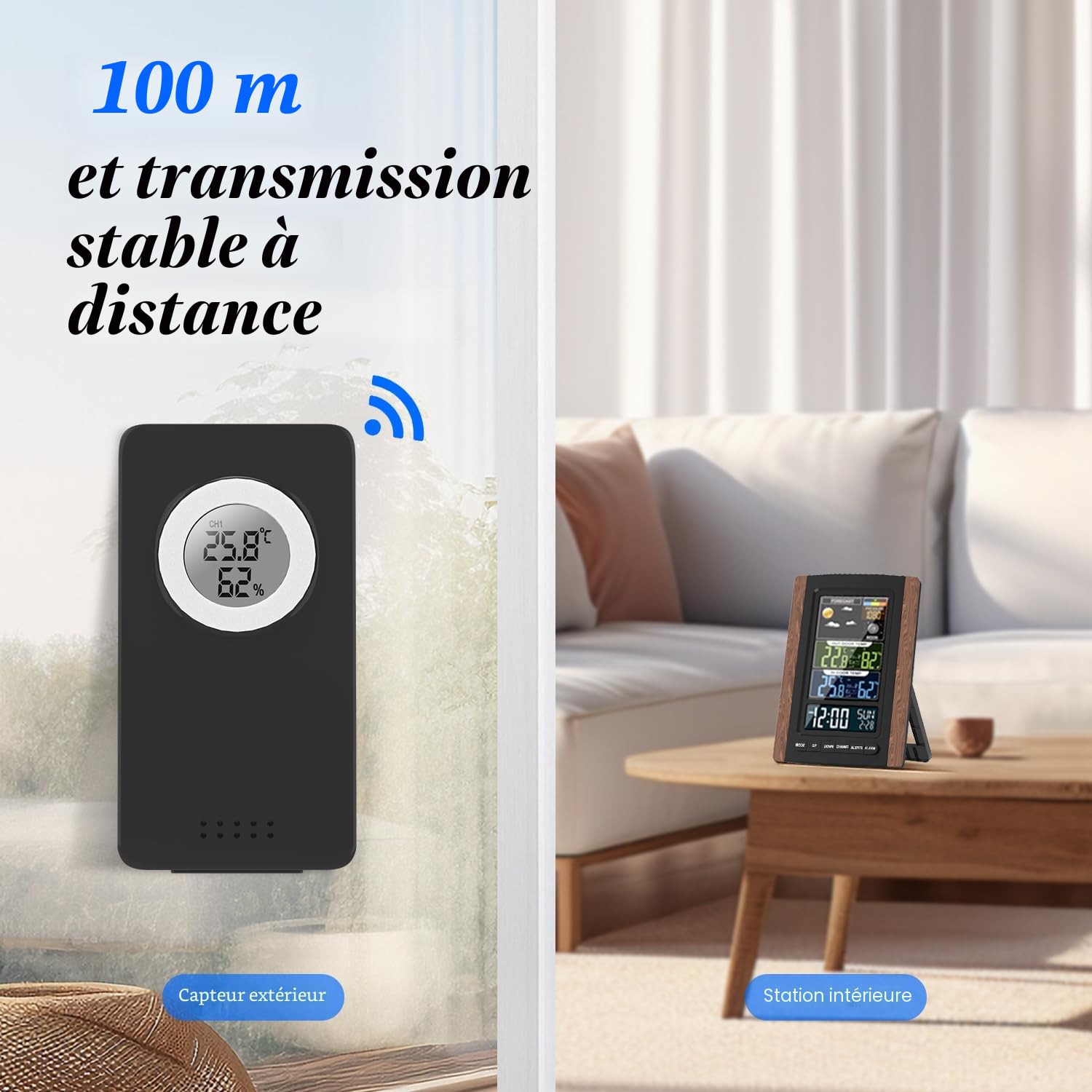 Station Météo sans Fil HAPPYMATE avec Capteur, Thermomètre Lgromètre Intérieur Extérieur, Temp., Hum., Baromètre, Prévision Météorologique, Réveil, Phases Lunaires