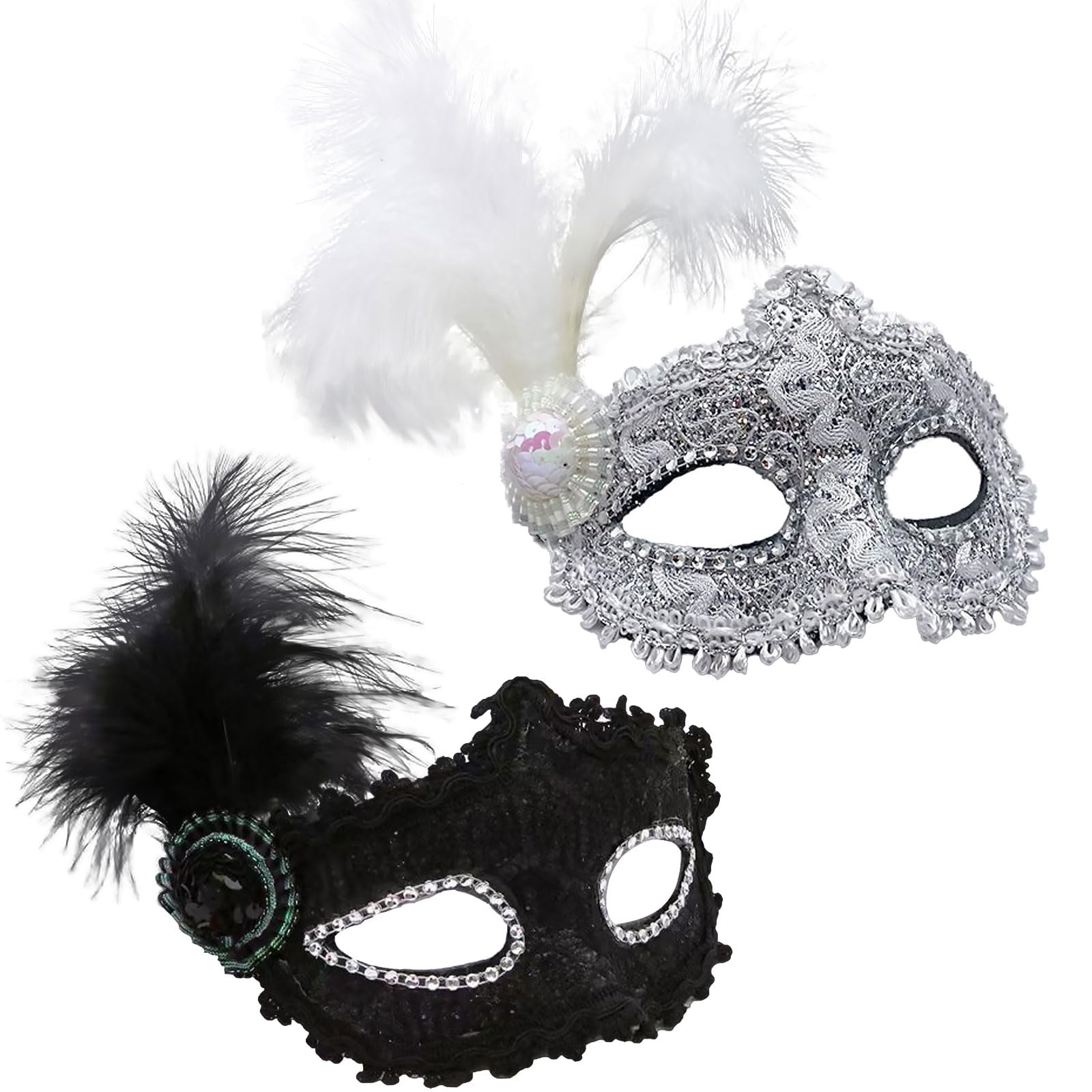 AWAVM 2 Pieces Fashion Venetian Face Mask Feather Decoration Women Masquerade Masks for Halloween, Masquerade, Costume Party (Black+White)