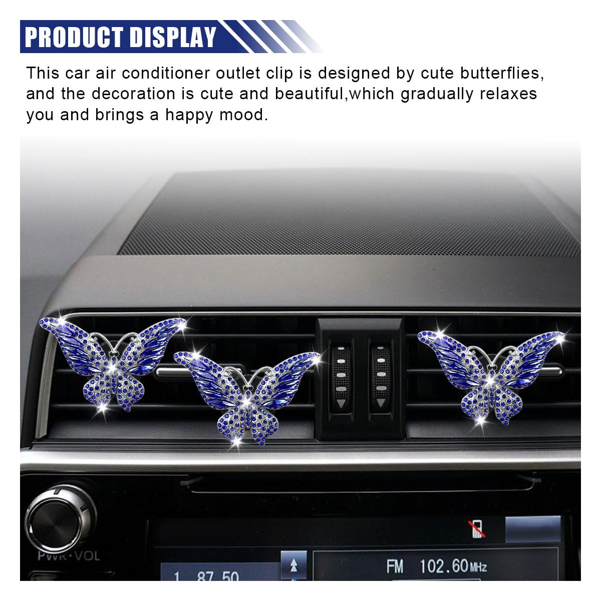 3 clip per bocchetta dell'aria dell'auto a forma di farfalla, con strass di cristallo, simpatiche clip per diffusore di aromaterapia, decorazione interna per auto, accessori per ragazze e donne (blu)