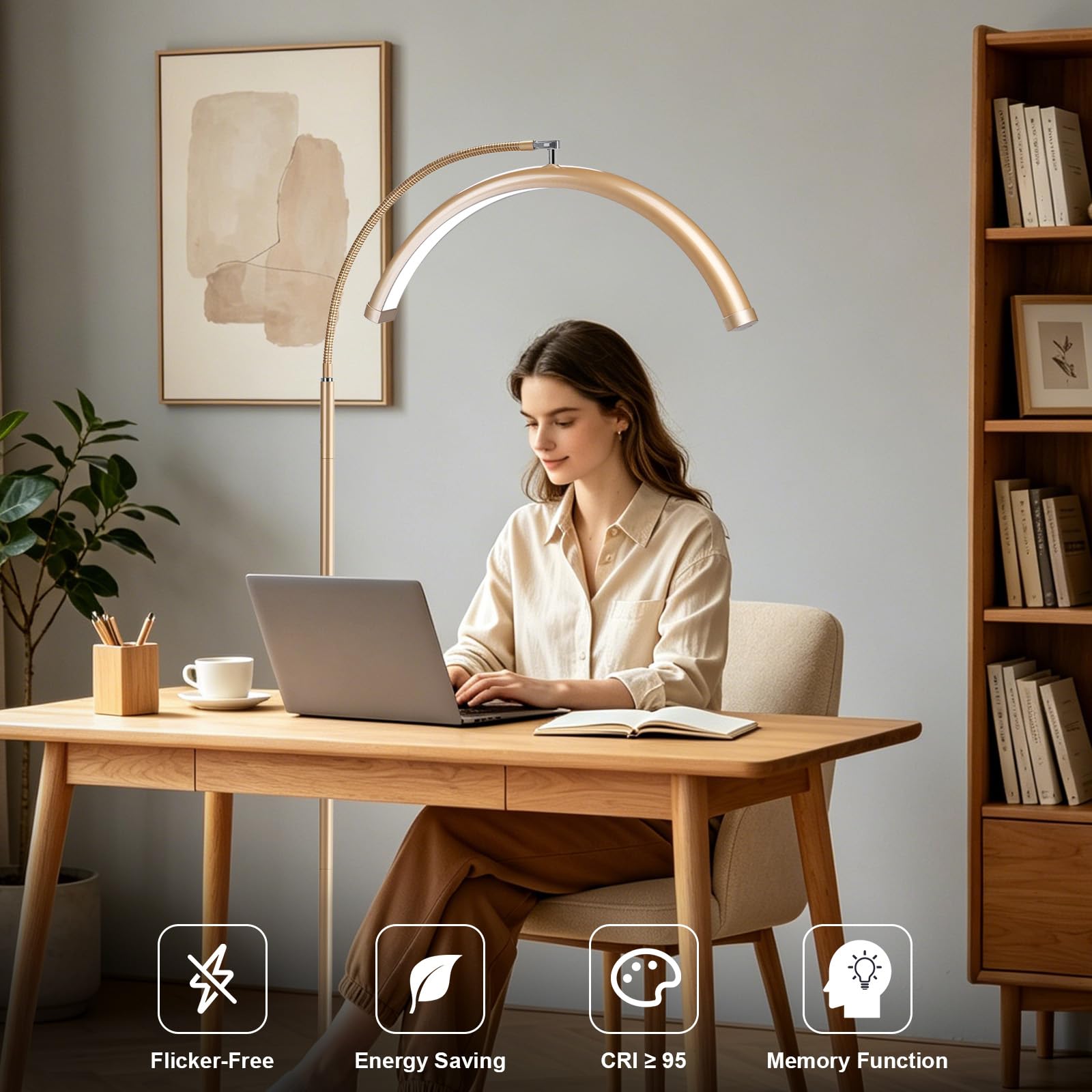 Lampa podłogowa LED Half Moon – profesjonalna lampa bez cieni dla techników rzęs, estetyków i tatuażystów, możliwość ściemniania, do przedłużania rzęs, zdobienia paznokci, domu i biura (złota)