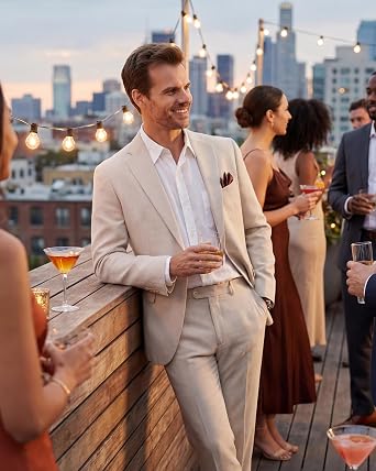 WULFUL Men's Slim Fit 2 Piece Suit, One Button Solid Blazer Business Party Jacket Pants Set