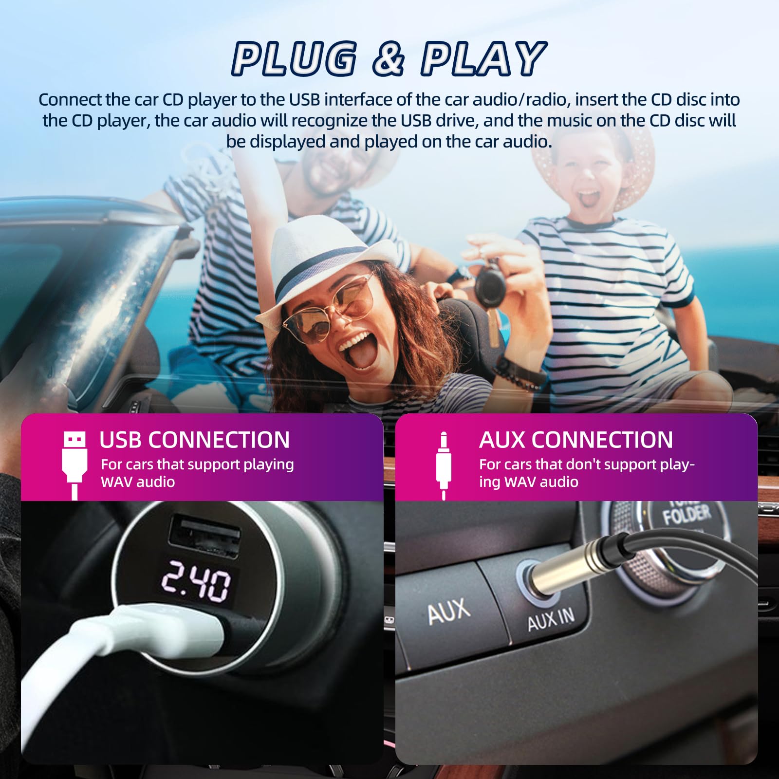 Lettore CD/DVD esterno per auto, laptop, TV e altro: USB 2.0, Plug & Play, anti-shock, Smart TV, laptop, tablet (Android 4.4+), cavo USB e supporto