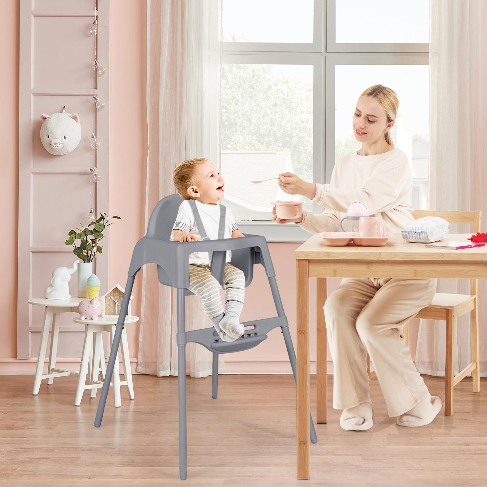 LIFEZEAL 4 en 1 Chaise Haute Bébé évolutive, Hauteur Réglable 4 Positions, Chaise Haute Bebe avec Repose-pieds, Plateau Réglable Amovible, Ceinture de Sécurité, 6-36 mois (Gris)
