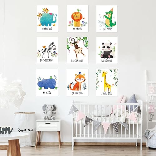 Miniatura 6 de chiazllta 9 piezas de decoración de guardería de la selva animales de safari impresiones artísticas de pared con imágenes sin marco animales de la