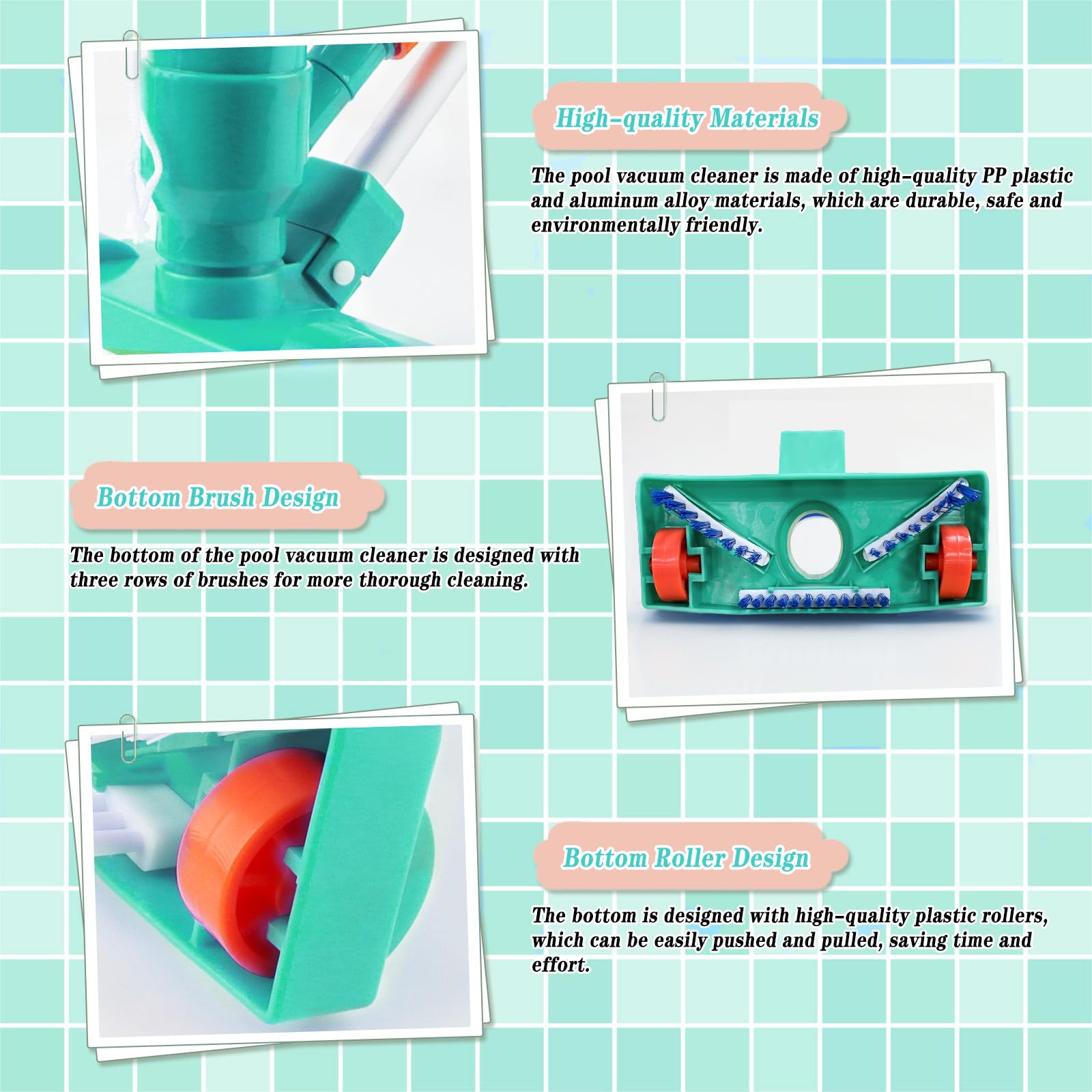 Limpiafondos Piscina Manual, Yanghad Aspiradora Manual Piscina, Removable Pool Bottom Cleaner con Bolsa Filtrante, Set Limpieza, para Piscinas, Spas, Fuentes, Bañeras de Hidromasaje(Verde)