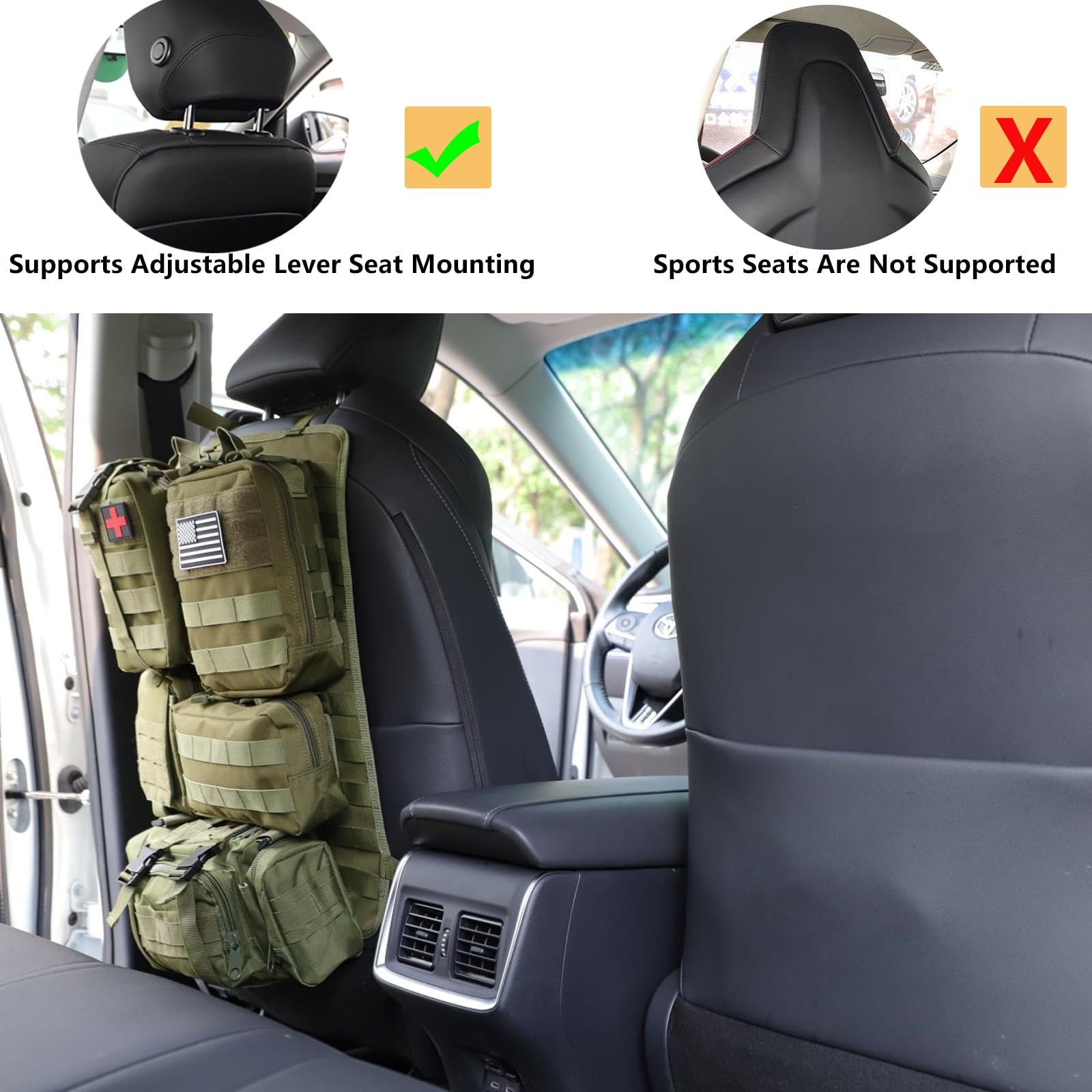 Jimikay Organiseur tactique pour dossier de siège de voiture avec sac à suspendre et 5 poches Molle détachables - Organiseur de panneau Molle pour véhicule - Sac de rangement universel pour la plupart