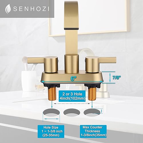 Miniatura 6 de SE-0048-BG - Grifo de lavabo de baño de 3 agujeros, oro cepillado, 2 manijas de 4 pulgadas, juego central de acero inoxidable con drenaje