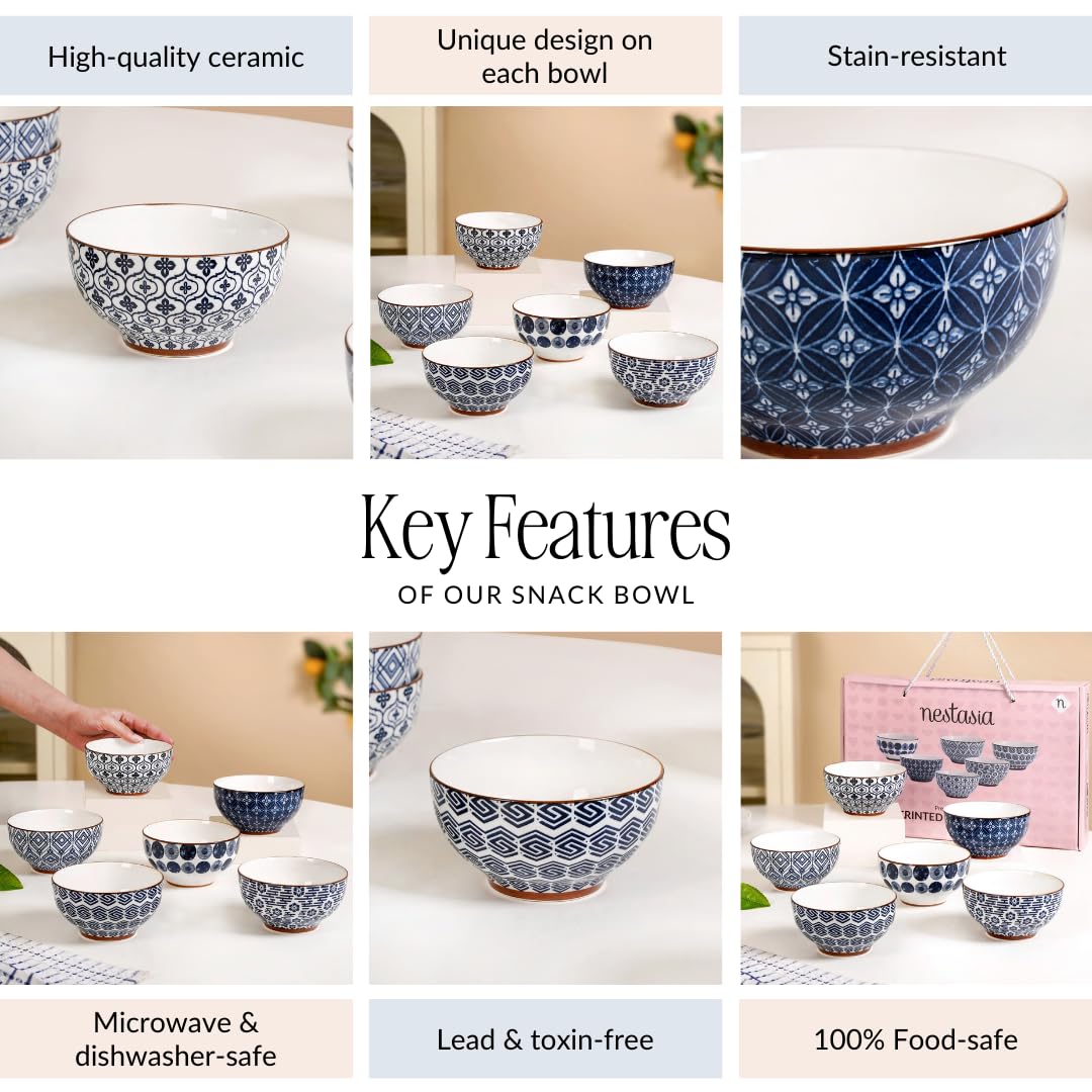 Nestasia Ceramic Snack Bowls Set of 6 (350 ml Each) | Geometric & Floral Pattern Bowls for Serving Noodles, Ramen, or Soups | Microwave & Dishwasher Safe - Perfect for Gifting (Blue & White) 4
