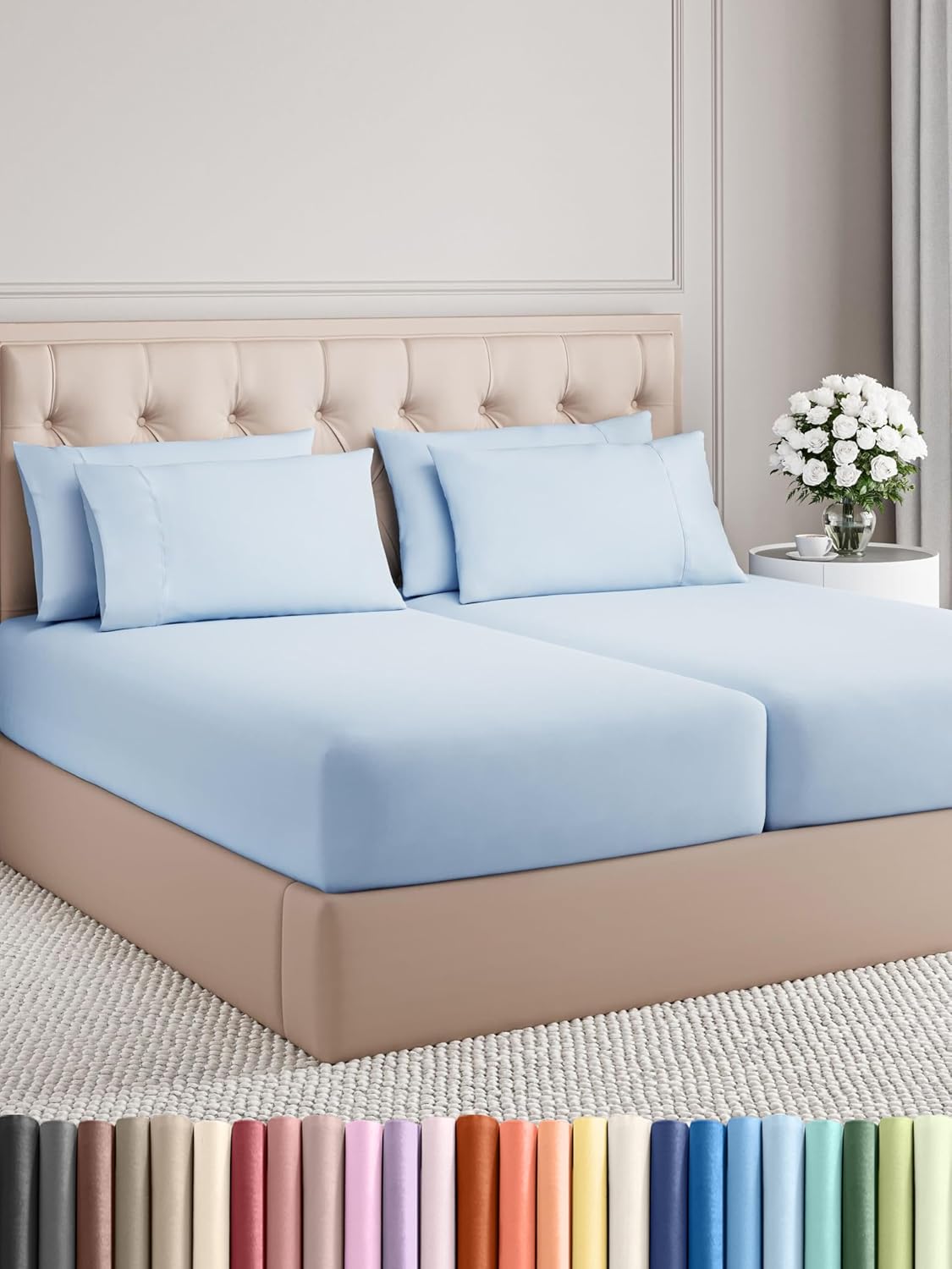 Split King 7 Piece Sheet Set - Comfy Breathable & Cooling - Soft Hotel Luxury Bedding Set with 8-16 Inch Deep Pockets - 1 Flat & 2 Fitted Sheet & 4 Pillowcases - Wrinkle Free & Easy Care - Sky Blue