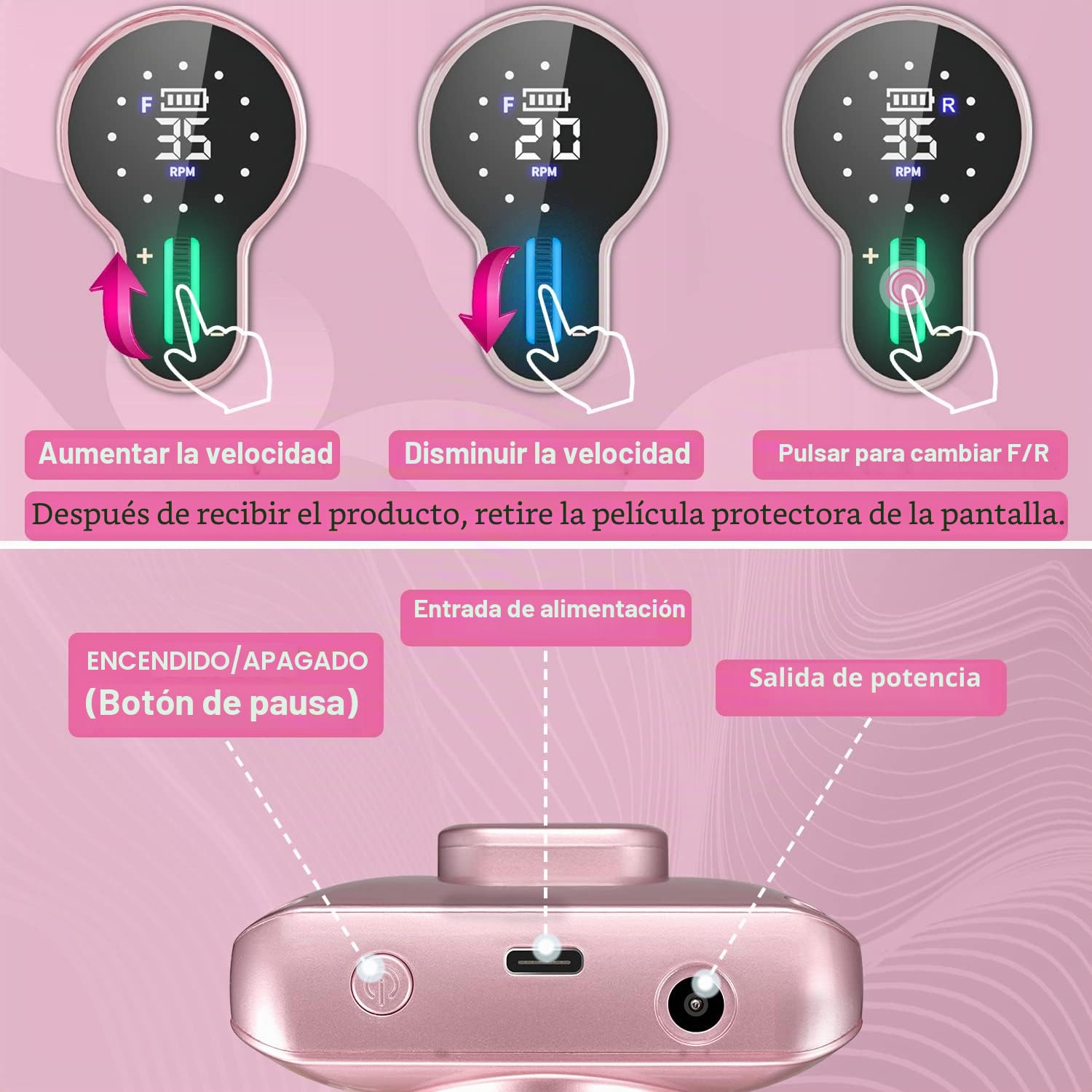 Torno para Uñas Profesional 35000 RPM, Autonomía 20H Lima Eléctrica Inalámbrica para Uñas de Gel y Acrílico, Kit con 13 Brocas y 56 Bandas de Lija, Pantalla LCD, Rosa (S506)