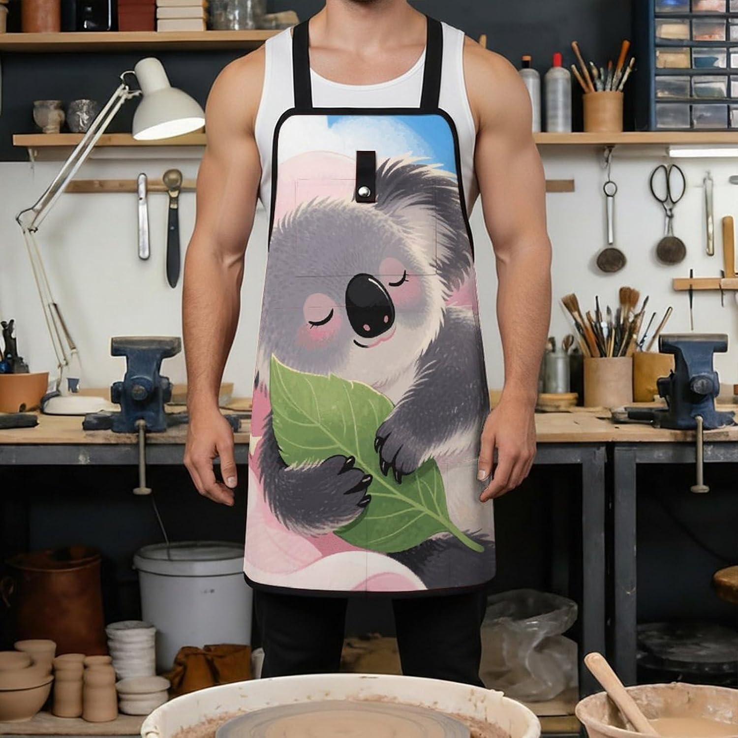 Cute Koala Work Apron with 8 Tool Pockets Fully-Adjustable Cross-Back Carpenter Apron for Workshop Cooking Cleaning Woodworking Gardening Welding & DIY Enthusiasts image 4