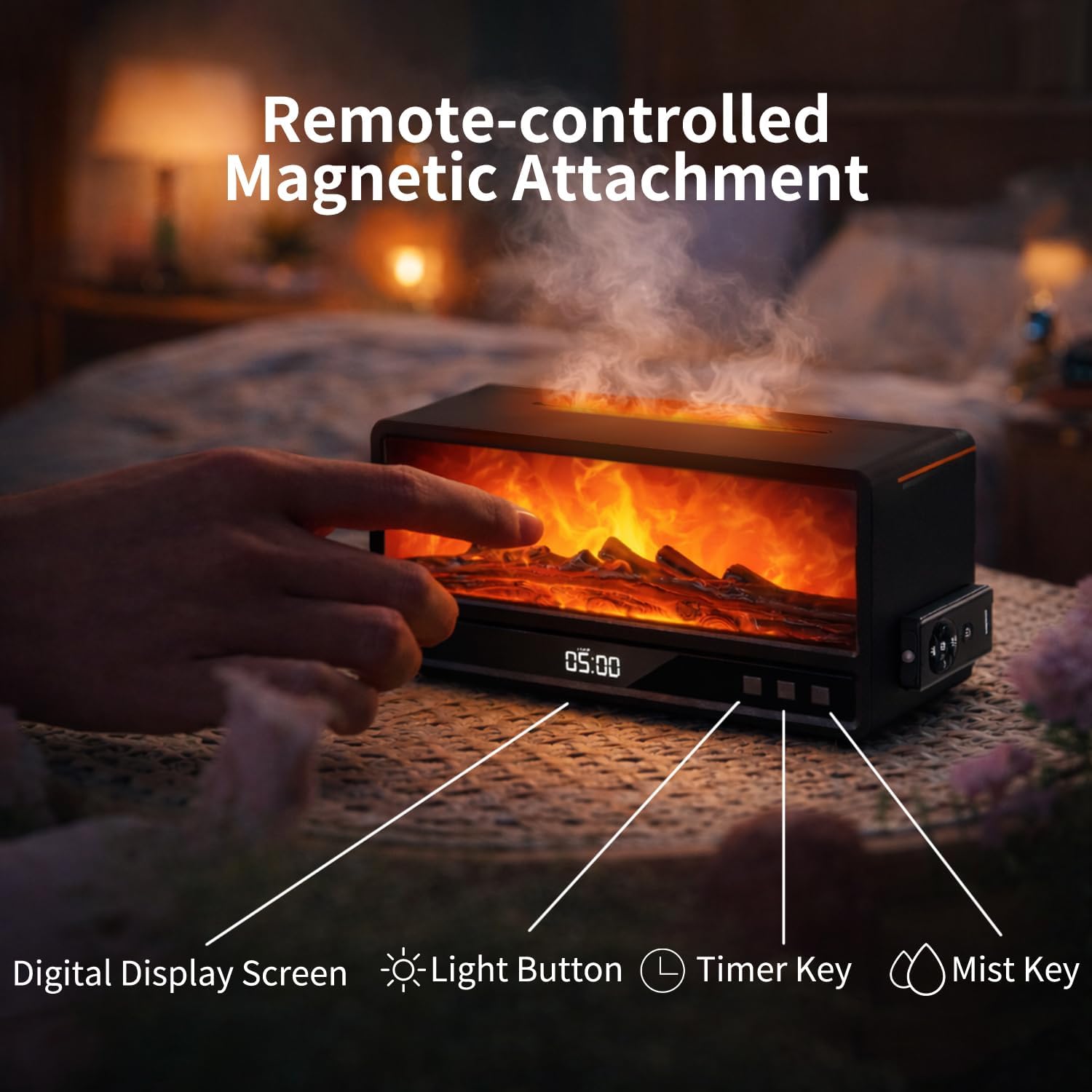 Fireplace Flame Humidifier, 250ml Cool Mist Diffuser with Remote Control, 7-Color LED Night Light, Quiet Aromatherapy Humidifier for Bedroom, Office & Gift (Black)