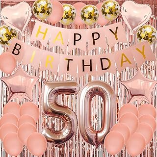 50th Birthday Decorations, 40 Inch 50 Rose Gold Balloons, 34PCS Pink and Gold Happy Birthday Decorations for Women, Happy Birthday Banner, Confetti Balloons, Rose Gold Foil Curtain, Rose Gold Heart Balloons