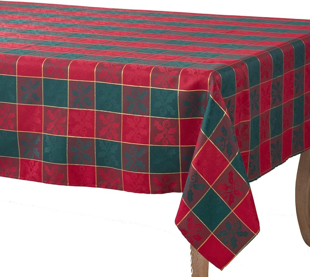 Crazy Clearance Occasion Gallery Red & Green Christmas Holiday Plaid Designed Printed Holly Tablecloth, 65" X 140" Rectangular