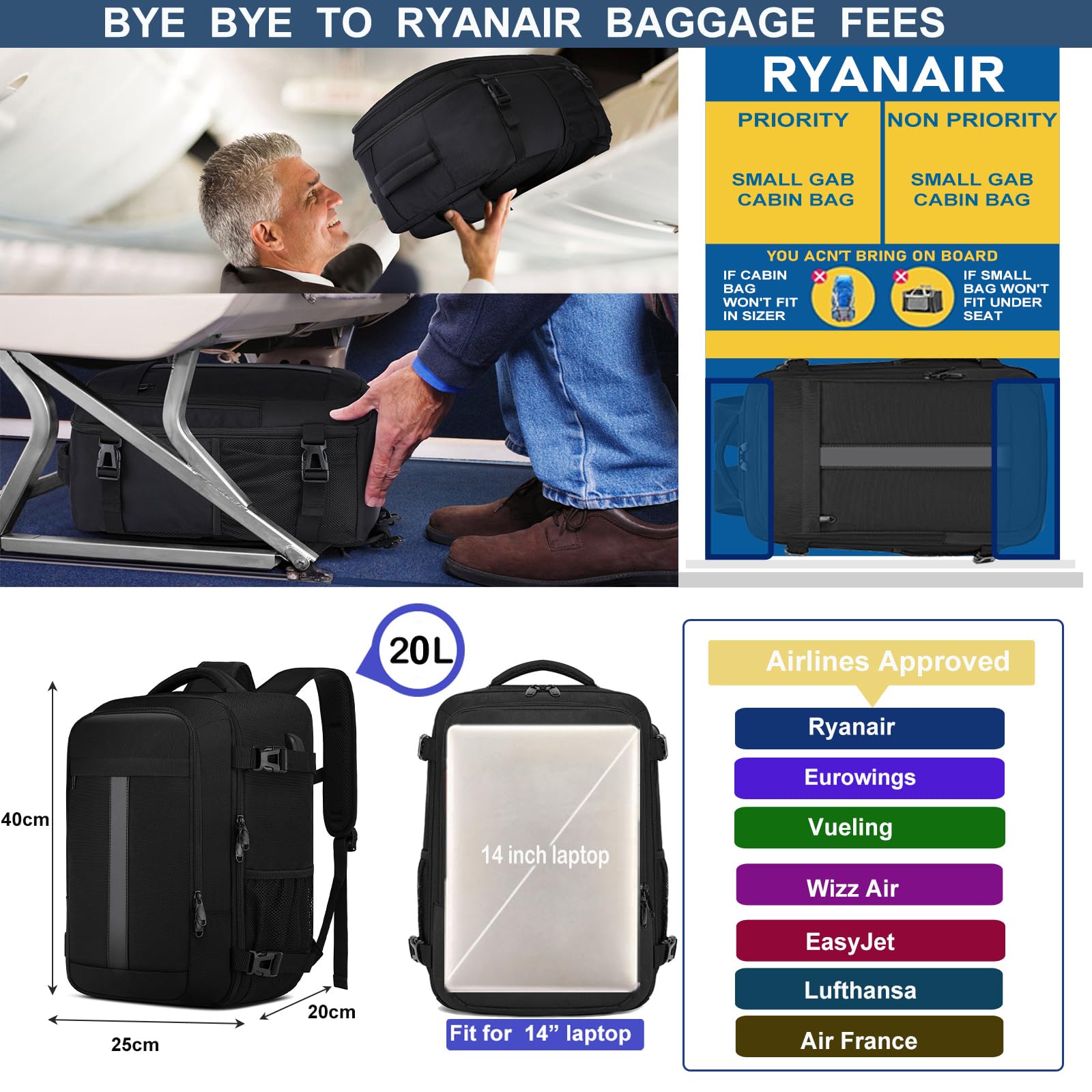 Torby kabinowe pod siedzenie, plecak podróżny, rozmiar kabiny, plecak do samolotu, bagaż podręczny, torba do samolotu, torba lotnicza z portem ładowania USB, Czarny-S, Ryanair 40x20x25cm(20L), Casual