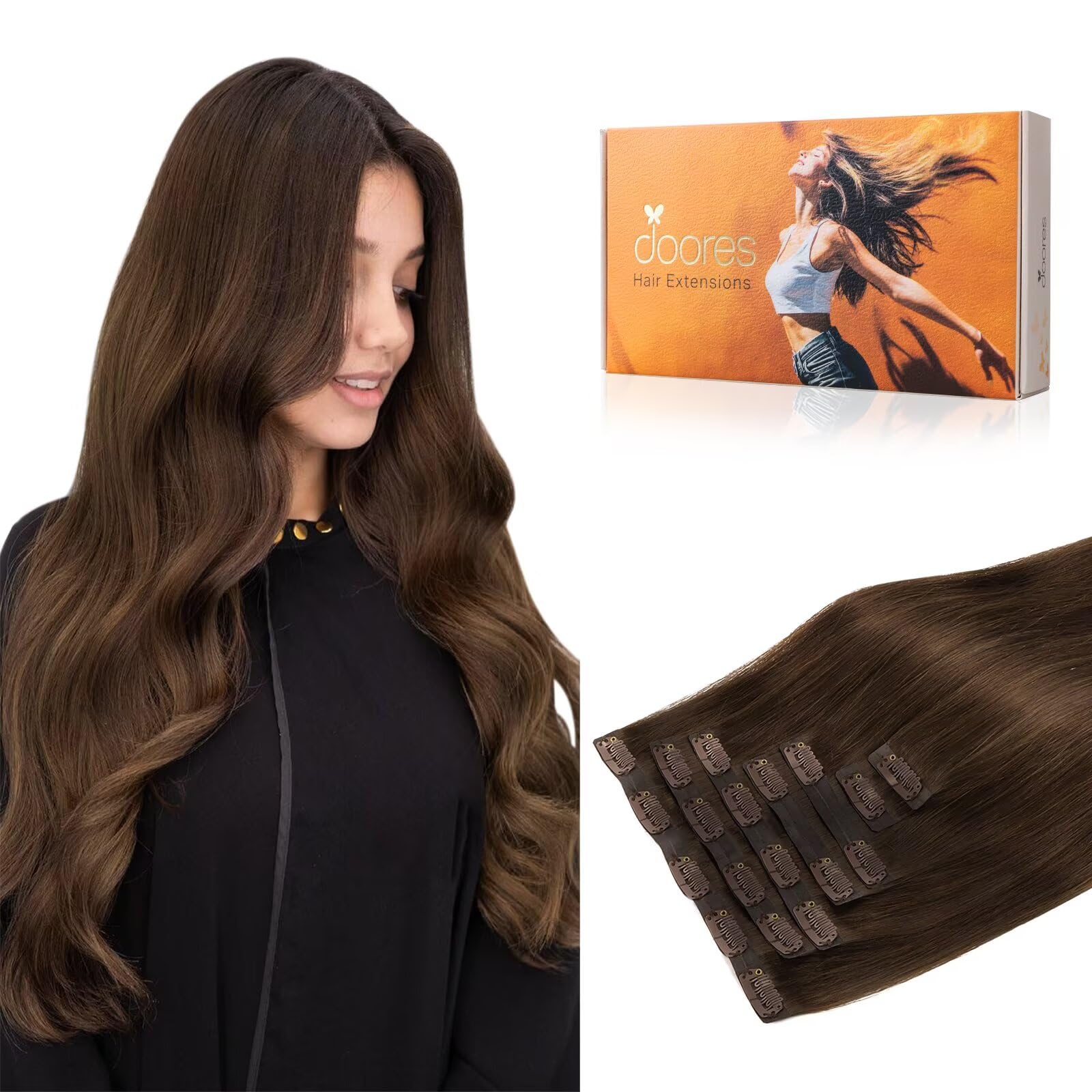 DOORES Seamless Clip in Hair Extensions, Chocolate Brown 150g 7pcs 20 Inch, Clip in Extensions Real Human Hair for Women
