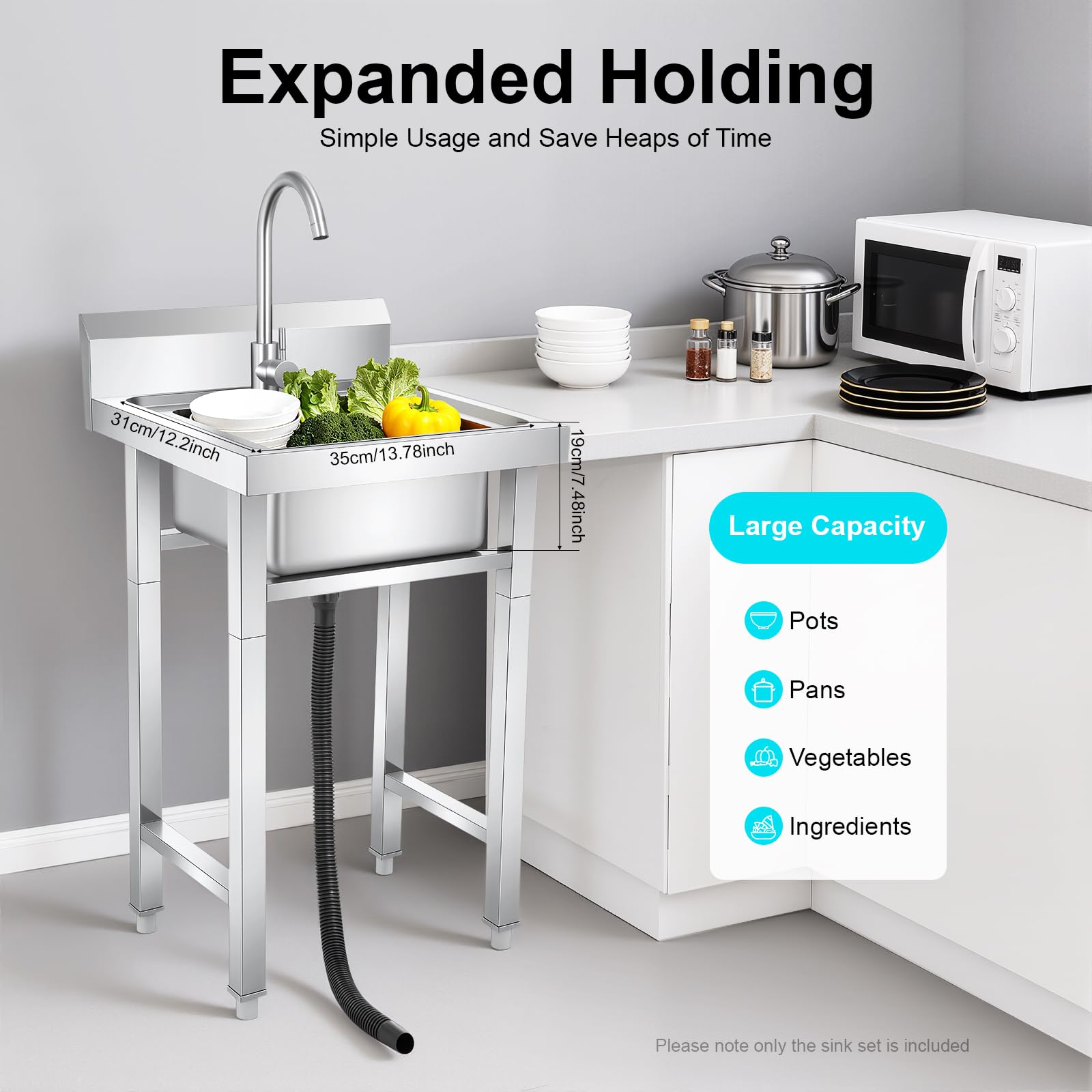 Fregadero comercial de 50 × 50 × 93 cm de acero inoxidable con 1 cuba, fregadero de cocina independiente con grifo de 360°, fregadero de pie con patas ajustables para restaurante, gastro, exterior