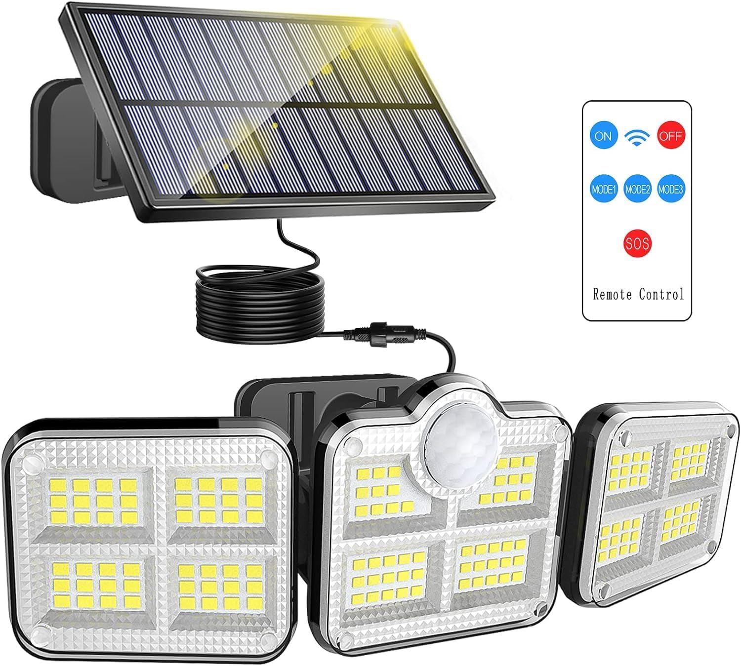 kh Plastic Solar Light Outdoors,3 Heads Solar Motion Sensor Lights with Remote Control,122 LED Solar Security Lights,IP65 Waterproof,270 Wide Angle,Security LED Flood Light with 3 Modes,13 ft Cable