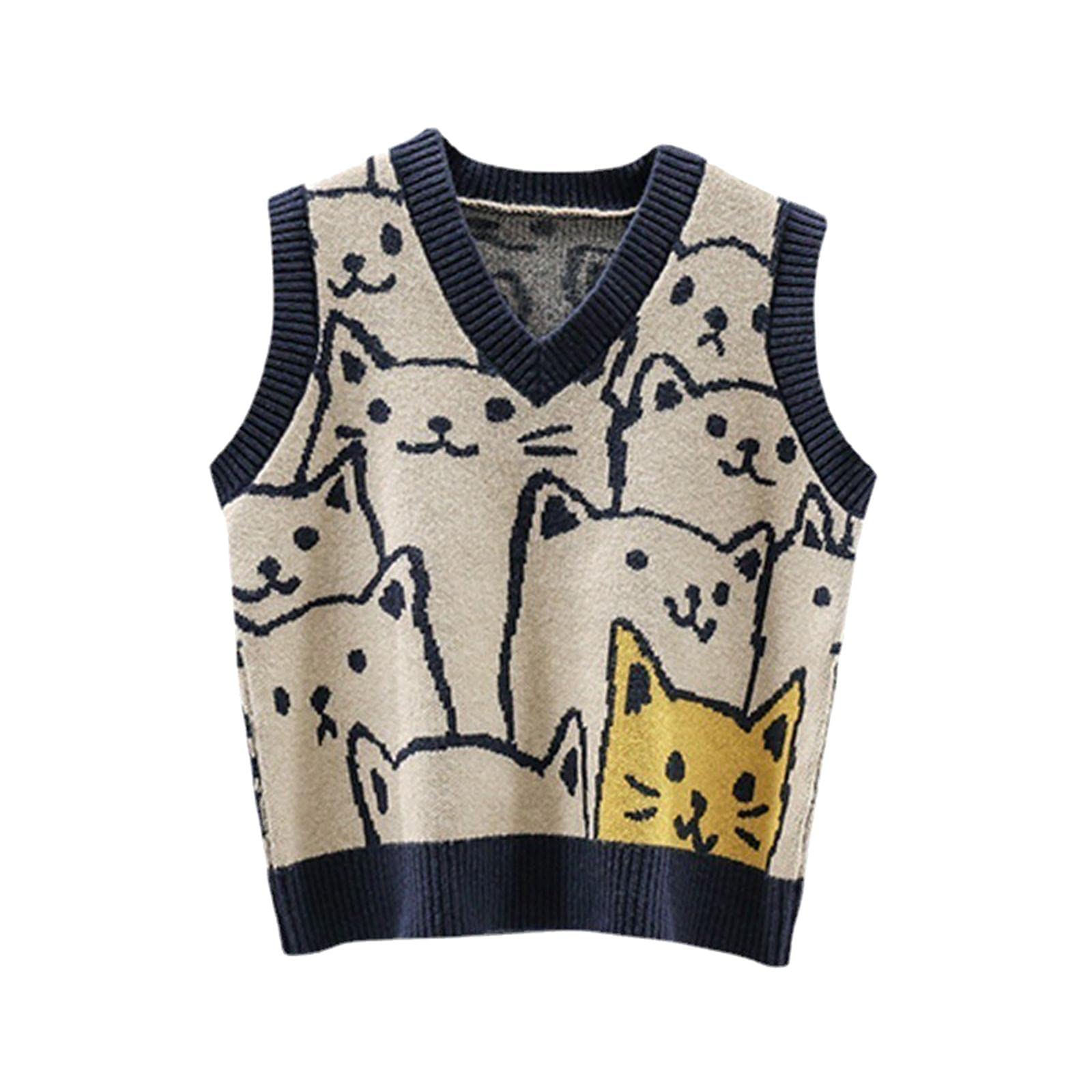 nivaa V Neck Knitted Sweater Vest Waistcoat Cute Cartoon Animal Patterns-picture-12