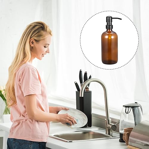 Miniatura 5 de uxcell Juego de dispensadores de jabón, dispensador de jabón de vidrio vacío de 17 onzas con bomba para cocina y baño, 2 unidades, color marrón