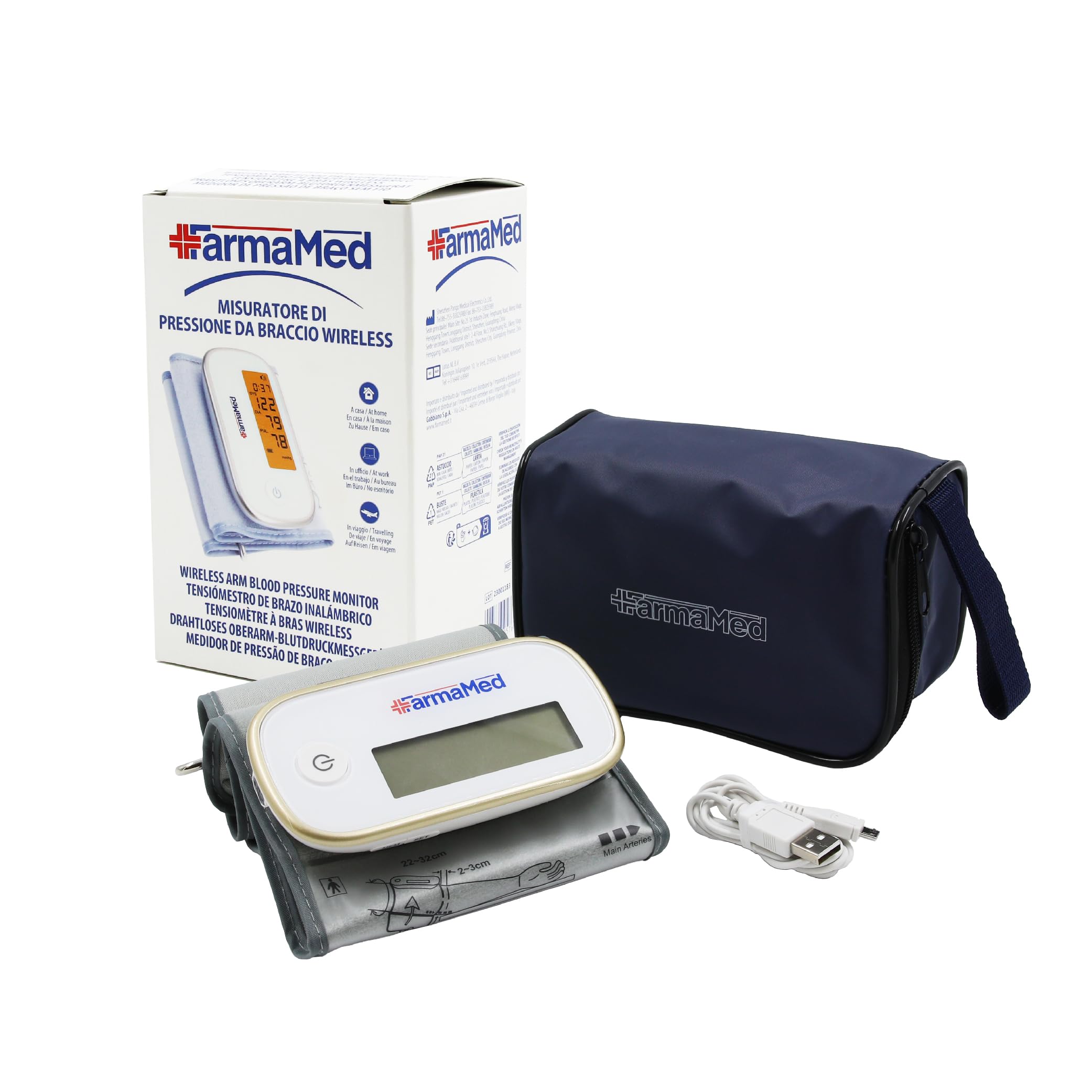 Tensiómetro digital sin cable para el brazo FarmaMed, esfigmomanómetro digital para el brazo, diastólica y sistólica, frecuencia cardiaca, 90 memorias, pantalla LCD, carga USB, con estuche