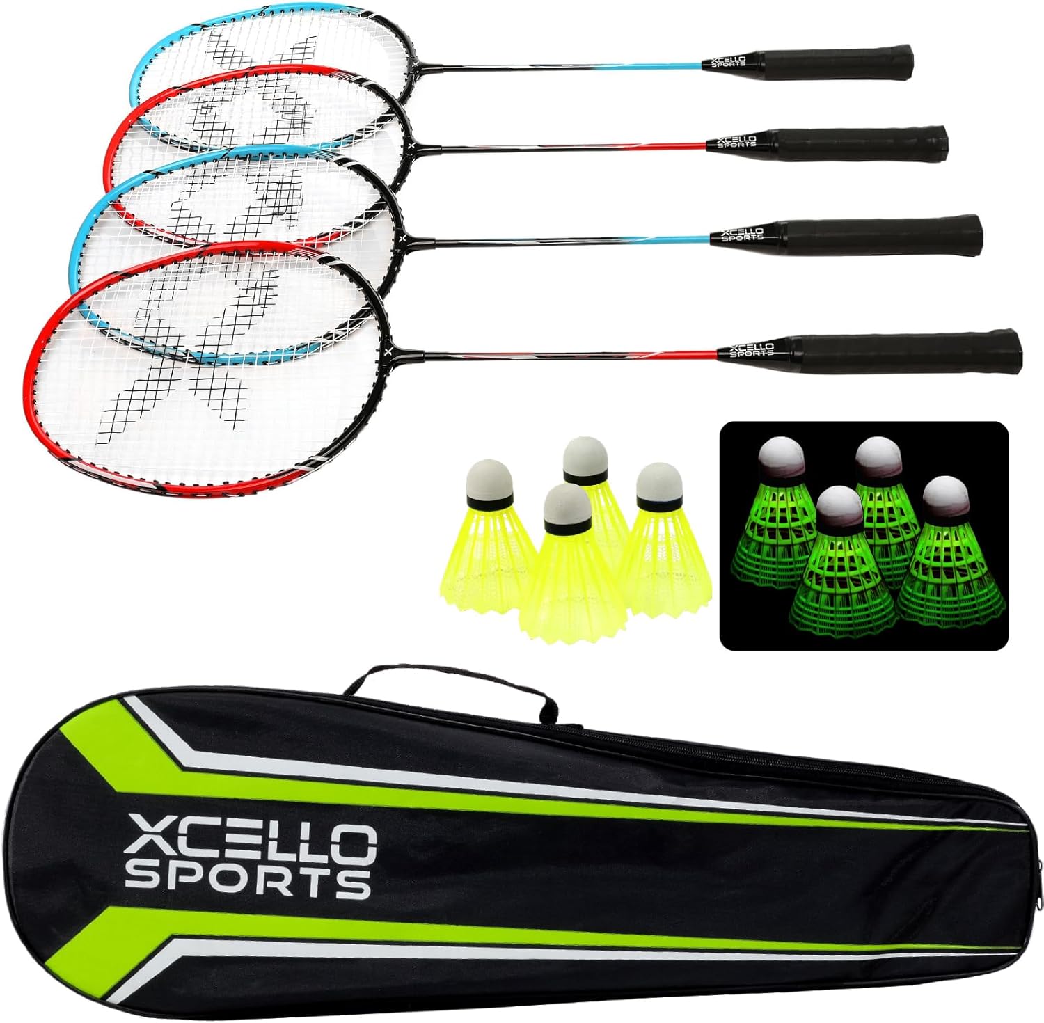 Badminton Racket Set – 4 Rackets, 8 Shuttlecocks (4 Neon Yellow and 4 LED), Carry Bag