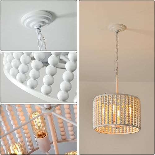 Miniatura 4 de tewei Lámpara de techo con cuentas de madera, estilo bohemio, con base E26, montaje semiempotrado (blanco lechoso)