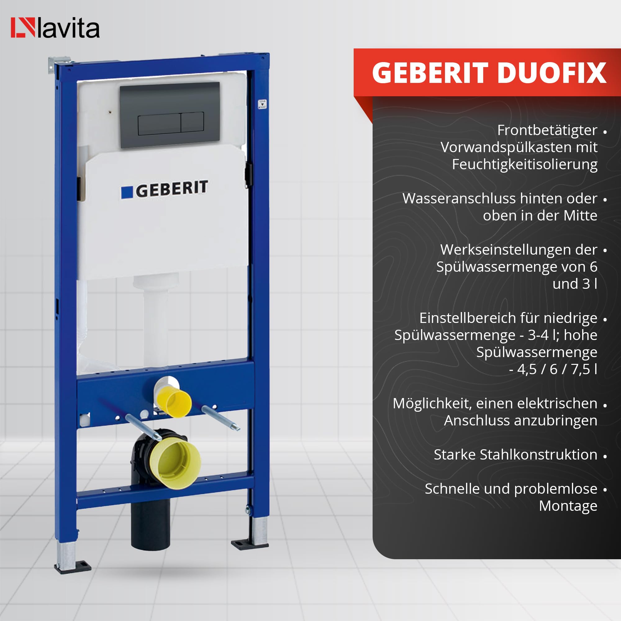 Duofix - Inodoro básico de pared + fregadero profundo de pared Brava blanco sin bordes + placa de control Delta 25 | Botón negro | Juego completo | cisterna empotrada | inodoro completo