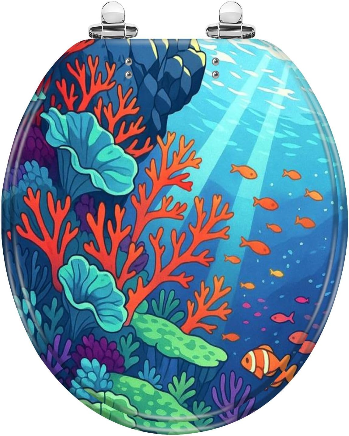 Slow Close Round Toilet Seat, Vibrant Coral Colorful Fish Sunlight Streaming Resin Lid, Quick-Release Hinges, Water Resistant, Quiet Close, Easy to Clean & Install