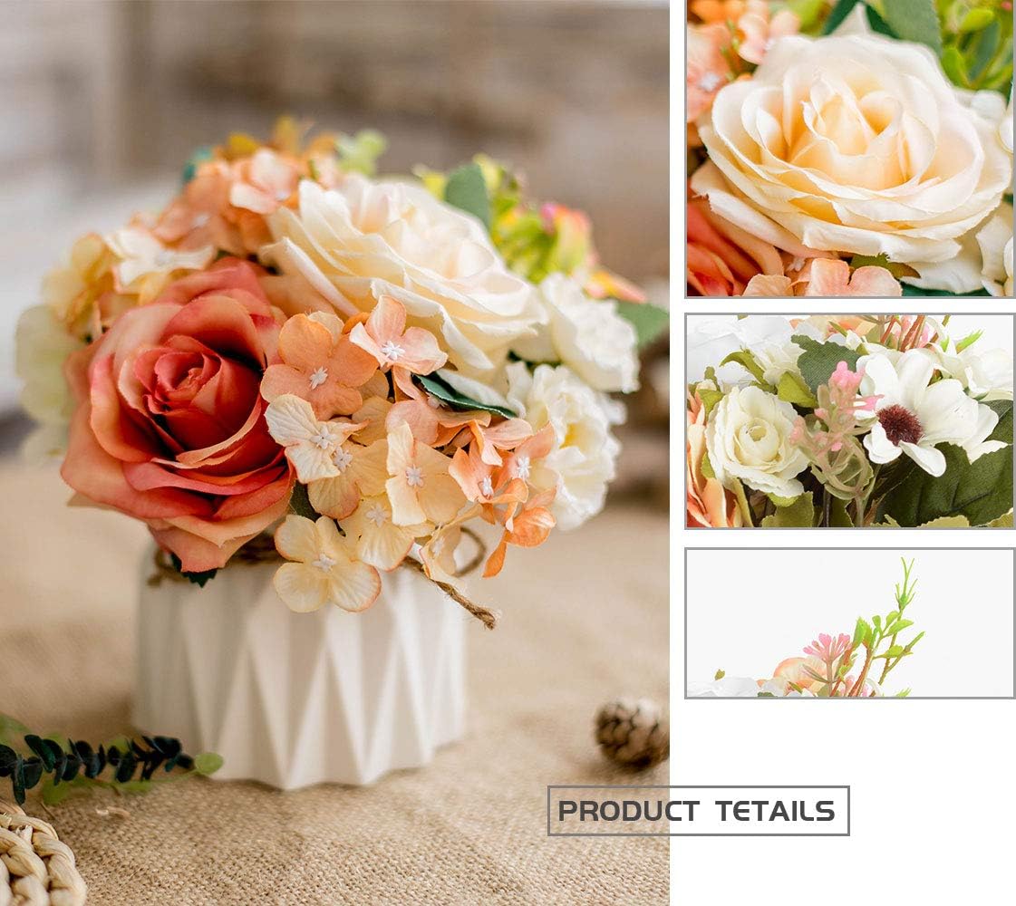 TKAS Artificial Flowers Fake Flowers Silk Rose Bouquets Decoration with Ceramics Vase for Table Home Office Wedding (Mix Color-3) - Image 5