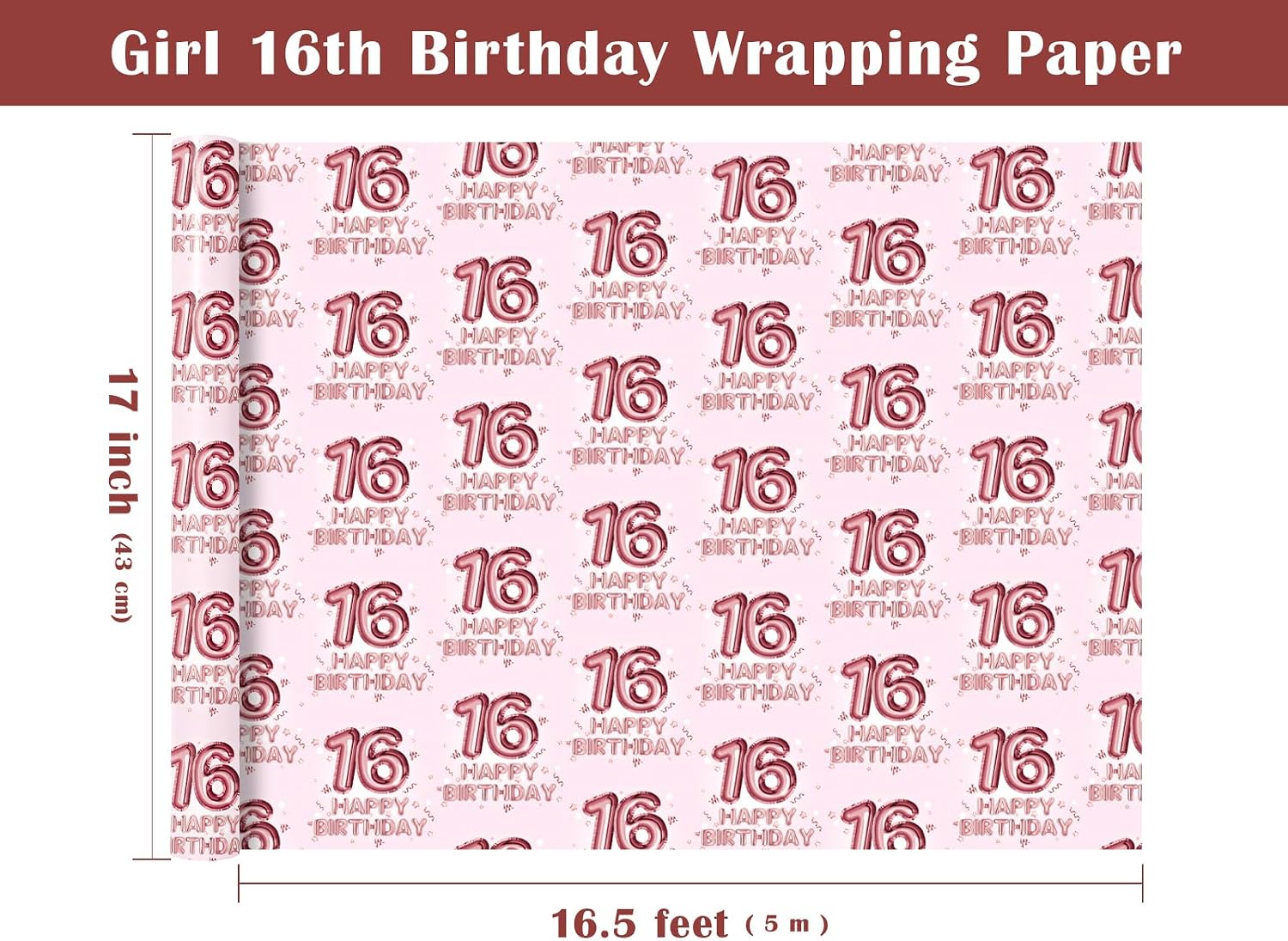 WRAPAHOLIC Girl 16th Birthday Wrapping Paper - Mini Roll - 17 Inch x 16.5 Feet - Happy Birthday Wrapping Paper Perfect for Girls, Party, Holiday image 3