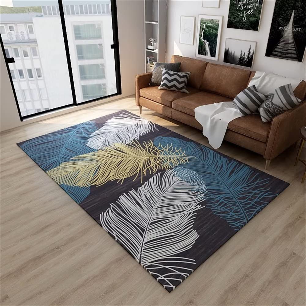 Tapis gris 80x150cm à plumes bleues lavable pour sol enfant et extérieur