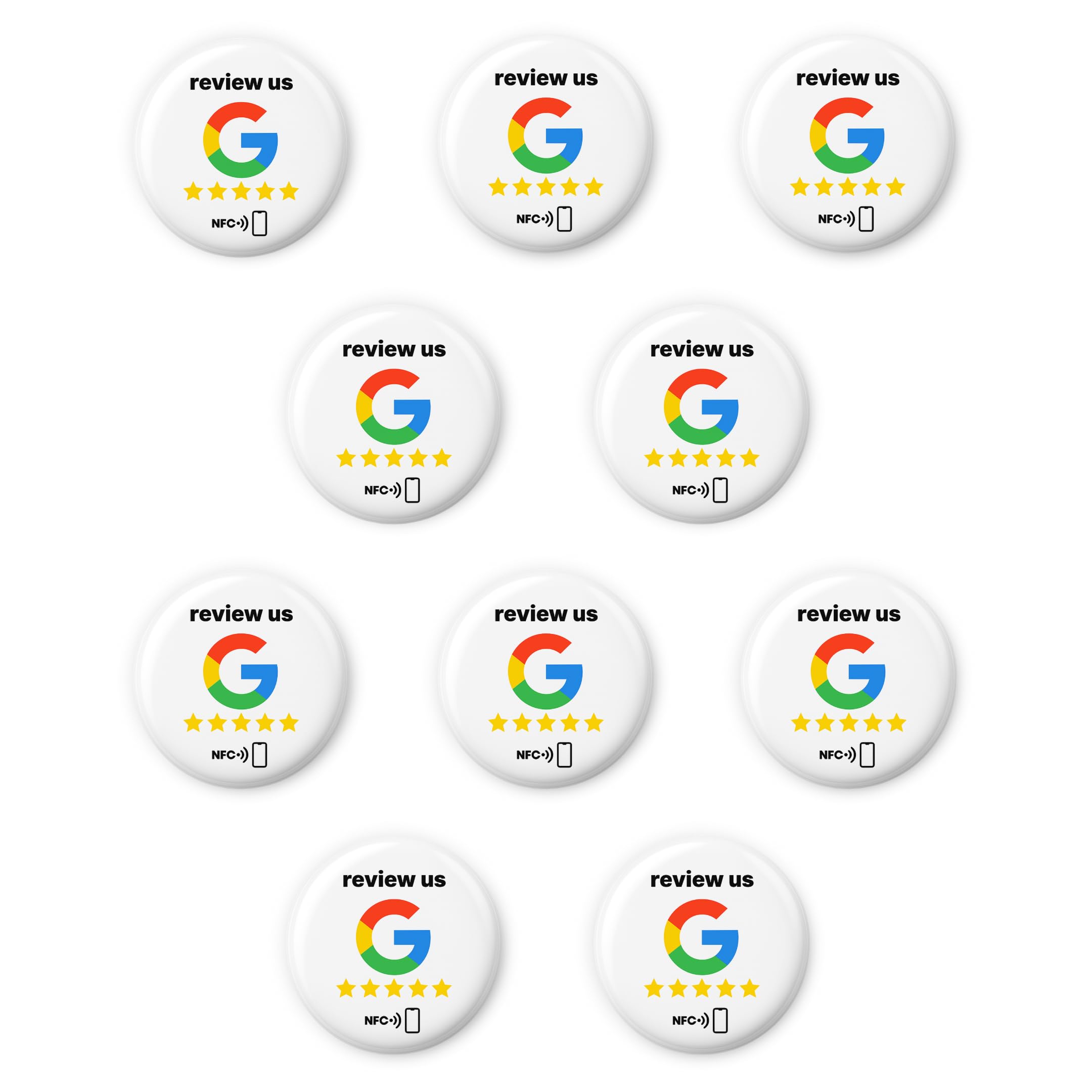 10 x Review us NFC Stickers for Google - Review Tags - 3 cm, Self-Programmable, Strong Adhesive - Reusable & Contactless - Boost Your Business with More Reviews Instantly
