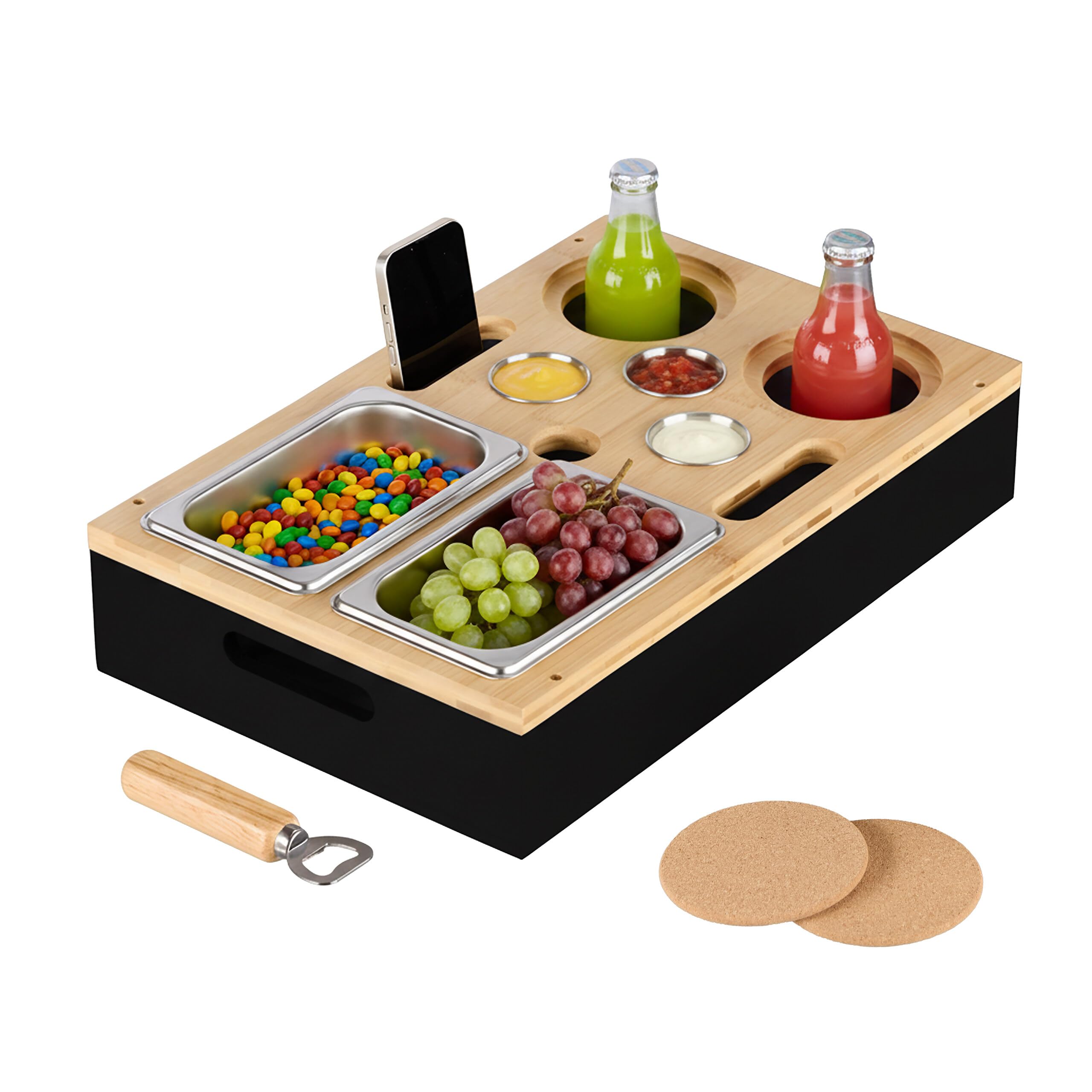 Relaxdays Sofa Snack Tray, Couch Drink & Wine Holder, Bamboo, Stainless Steel Dip Bowls, Handles, Coasters, Caddy, Black, 10% Cork 20% 70%, 8 x 40 x 26 cm