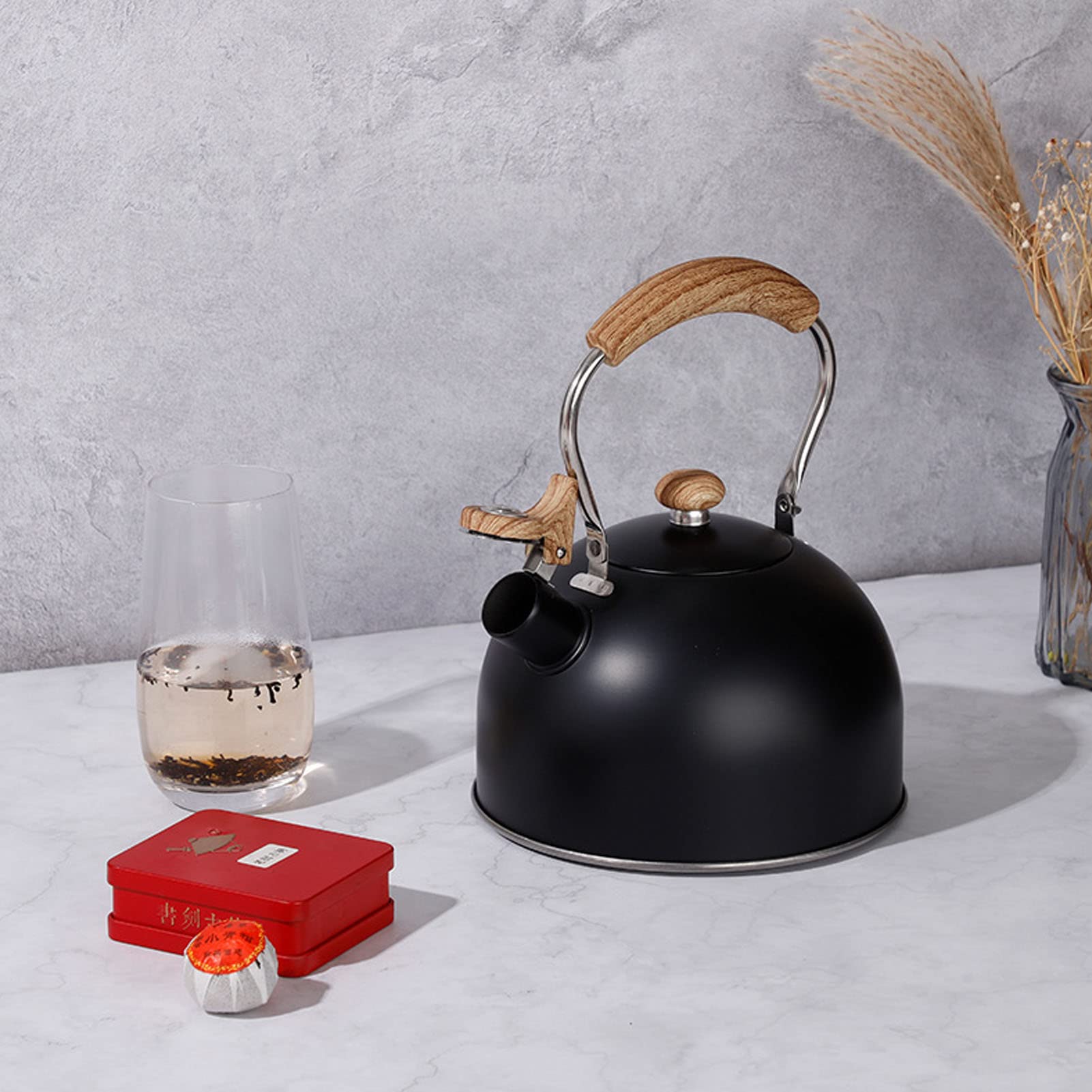 2.5L Sifflement Thé Bouilloire En Acier Inoxydable Bois Motif Poignée pour Thé Café Lait Eau