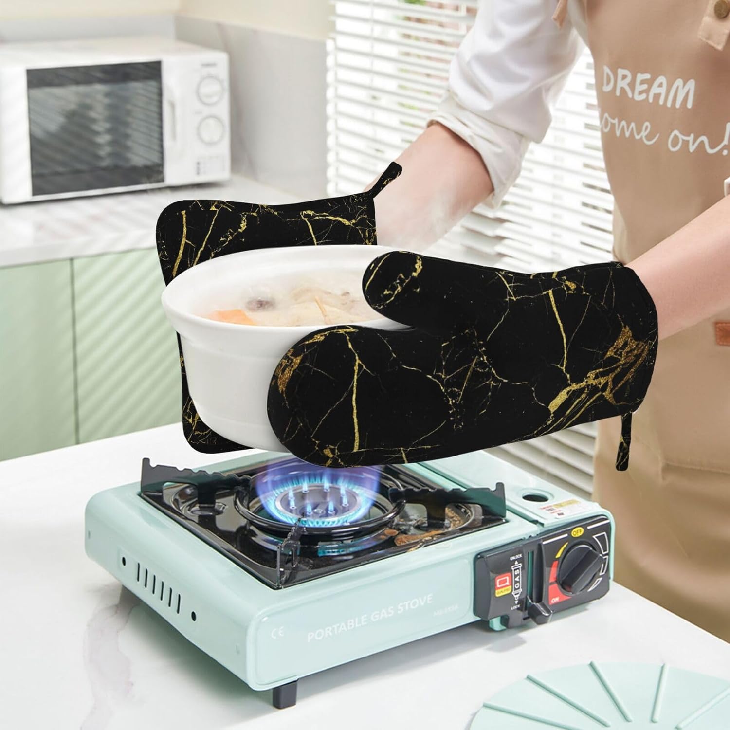 Marble Gold Black Oven Mitts and Pot Holders Sets of 4, Heat Resistant Silicone Oven Mittens and Potholders Gloves Hot Pads for Kitchen Cooking Baking Grilling BBQ Chef - Image 5
