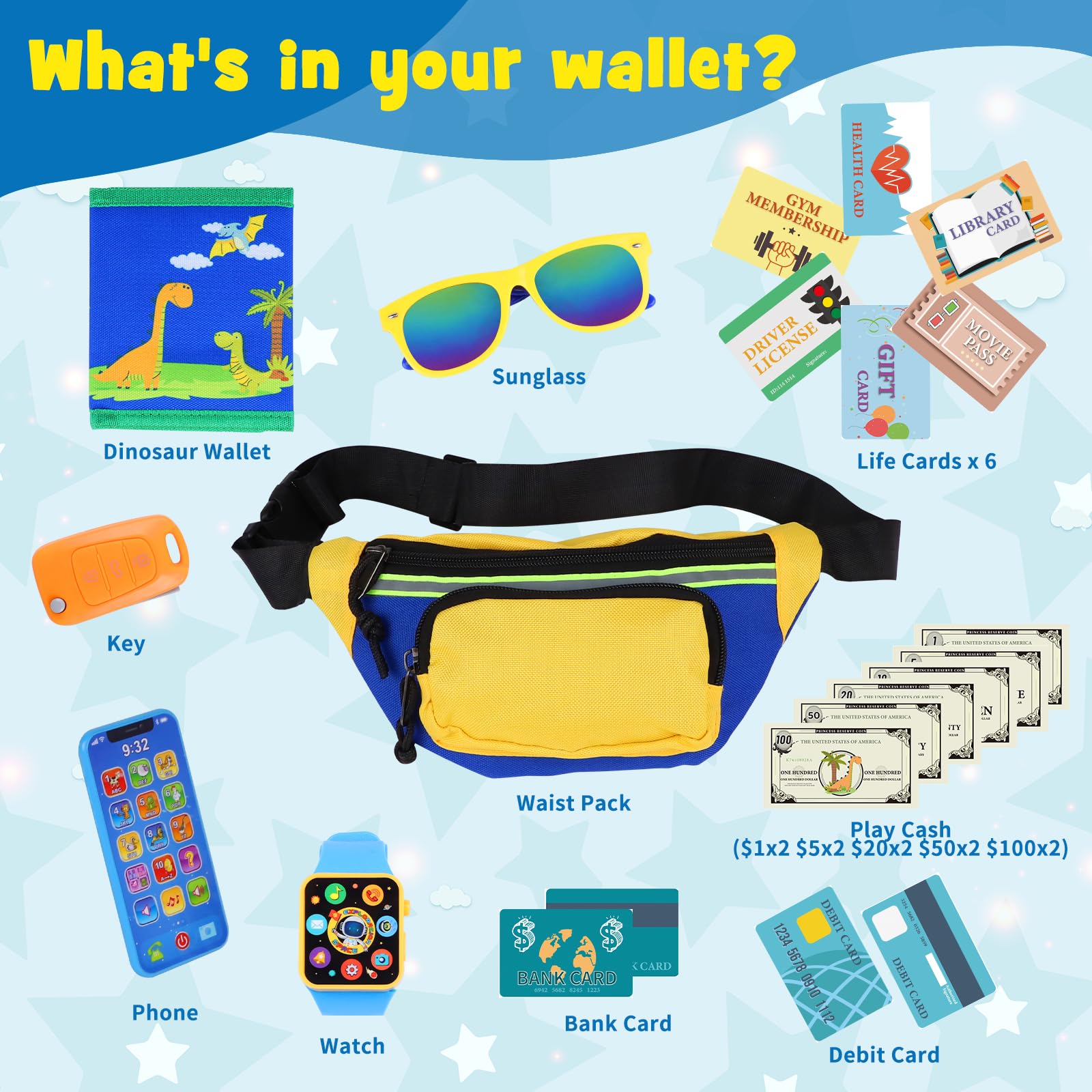 Spieltasche für kleine Jungen im Alter von 3-6 Jahren, Mein erstes Brieftasche-Spielzeug mit Taillentasche, Dinosaurier-Brieftasche, Smartphone, Smartwatch, Autoschlüssel und gefälschtes Geld