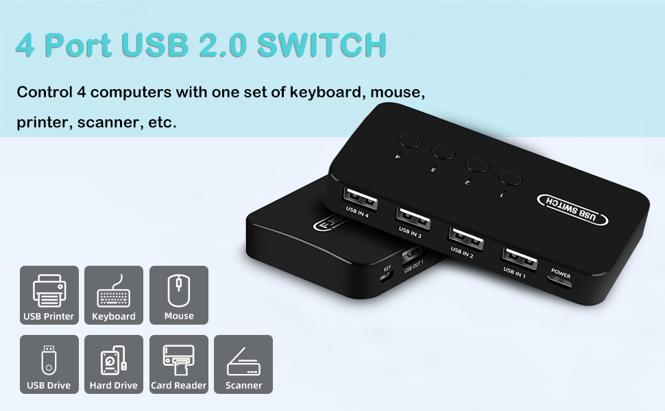 USB 3.0 Switch for 4 PCs, 4 in 4 Out USB Switch incl. 4 Cable and
