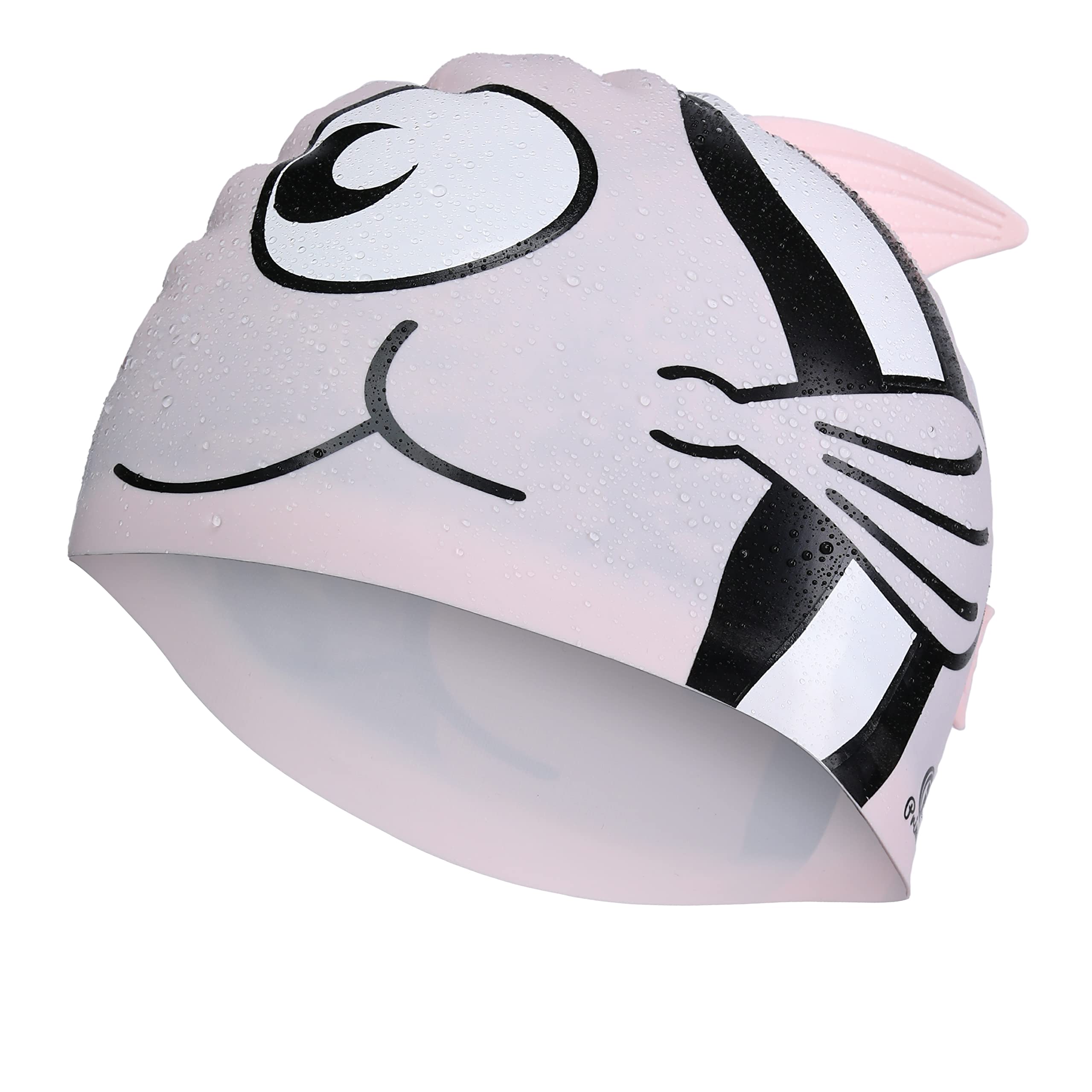 Primalite Swim Caps for Kids- Aged 3-12, Happy Fish Cartoon Design, Silicone Waterproof Comfy Bathing Cap Swimming Hat for Long & Short Hair, Waterproof Stretchy for Children, Boys & Girls- Pink