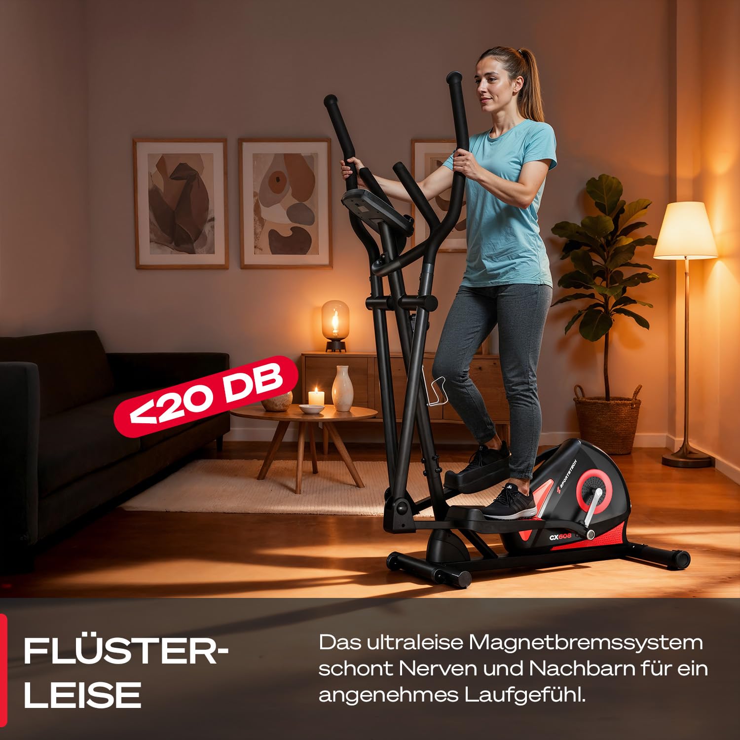 Sportstech CX608 Crosstrainer für Zuhause, leiser Ellipsentrainer mit 8 Widerstandsstufen, 10 kg Schwungrad, LCD Display, Pulssensor bis 120 kg, Fitnessgeräte für Zuhause