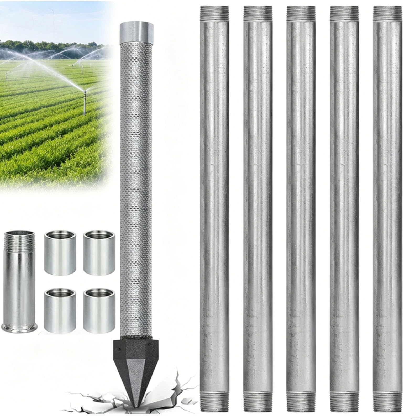Shallow Well Drive Point Kit, 1-1/4" Stainless Steel Sand Point,36" Pipe with 60 Gauge Mesh,Galvanized Couplings for Soft Soil Water Supply(5+1kit)