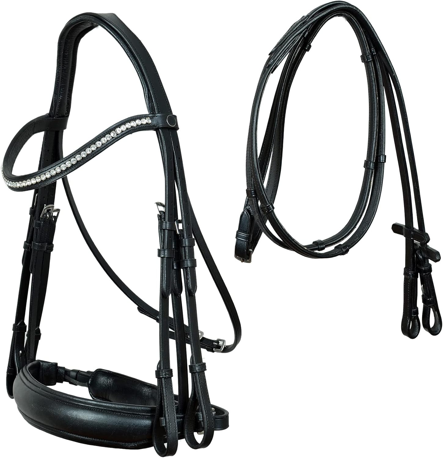 CHALLENGER Black Leather Horse English Bridle Rhinestones Wide Noseband Reins 803HI37BK-F