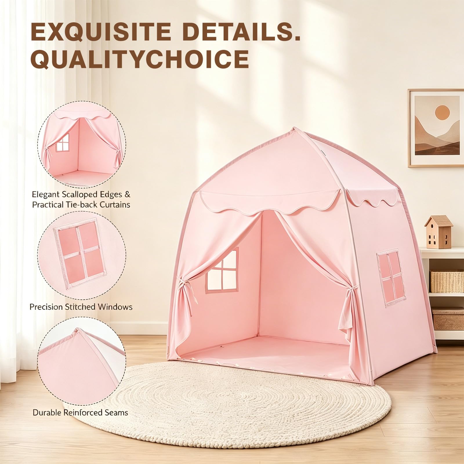 Kinderzelt Indoor Spielhaus Kinder Tipi Zelt für Kinder - Großes Spielzelt Kinder Indoor mit Lichterkette, Faltbar Kinderzelt für Kinderzimmer Oder Garten 150x100x150 cm (PINK)