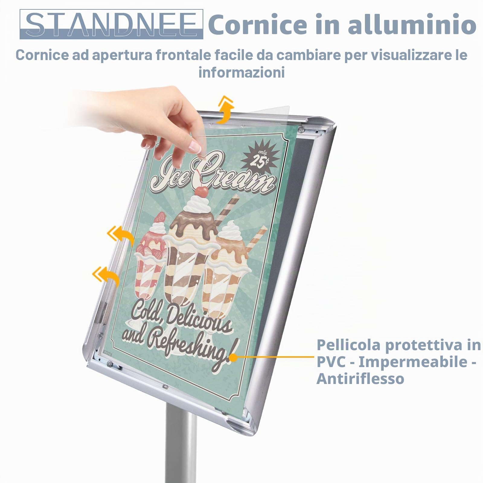 Espositore A4 Supporto per supporto per segnaletica per impieghi gravosi Cartello da pavimento, espositore per poster Cartelli in alluminio con e piedistallo per impieghi gravosi, argento