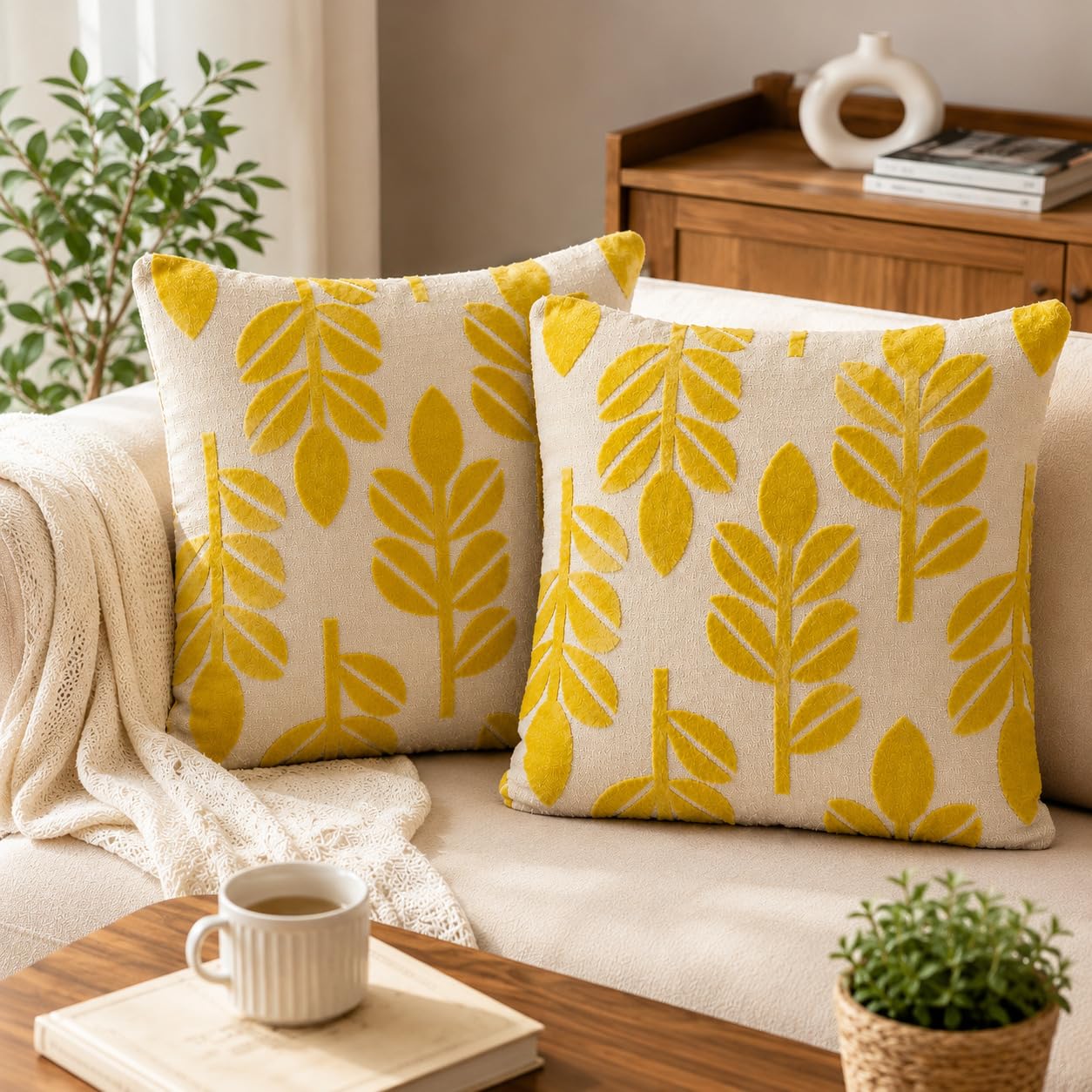 GM Jacquard Velvet Cushion Cover 16x16 Inches | Tufted Yellow Leaf Design | Premium Decorative Throw Pillow Cover with Hidden Zipper |Soft Sofa, Living Room, Bedroom Home Décor (Pack of 2)-picture-15